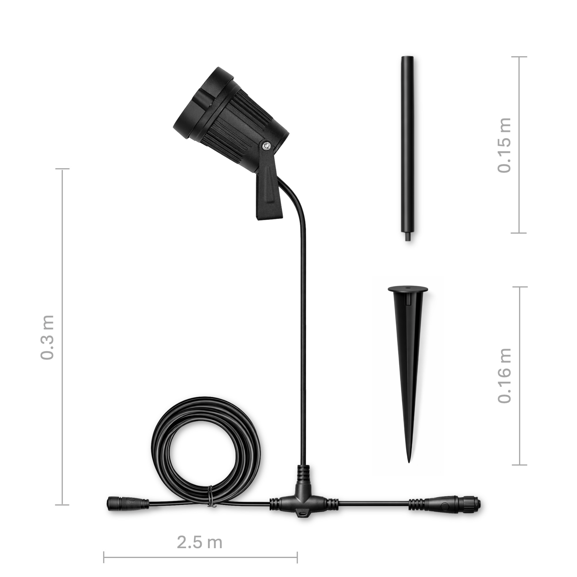 Black outdoor spotlight with ground stake and cable. Dimensions shown.