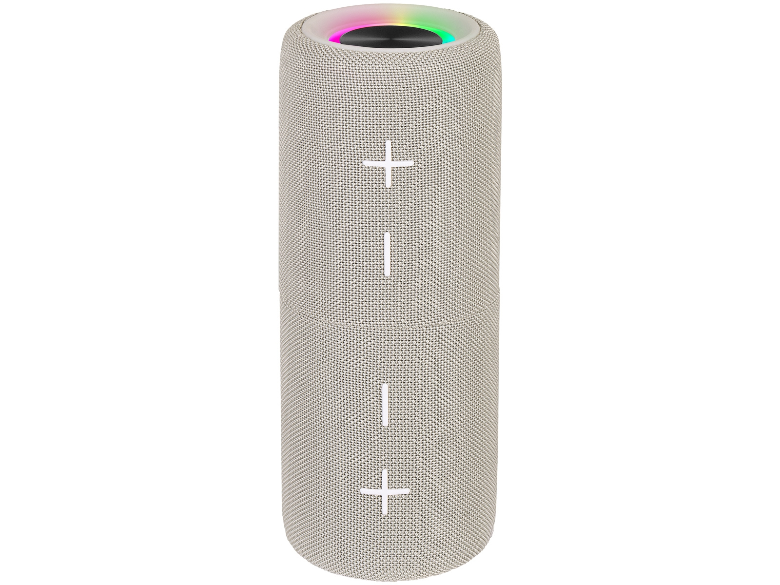 Grauer Bluetooth-Lautsprecher mit farbiger LED-Beleuchtung oben und Tasten.