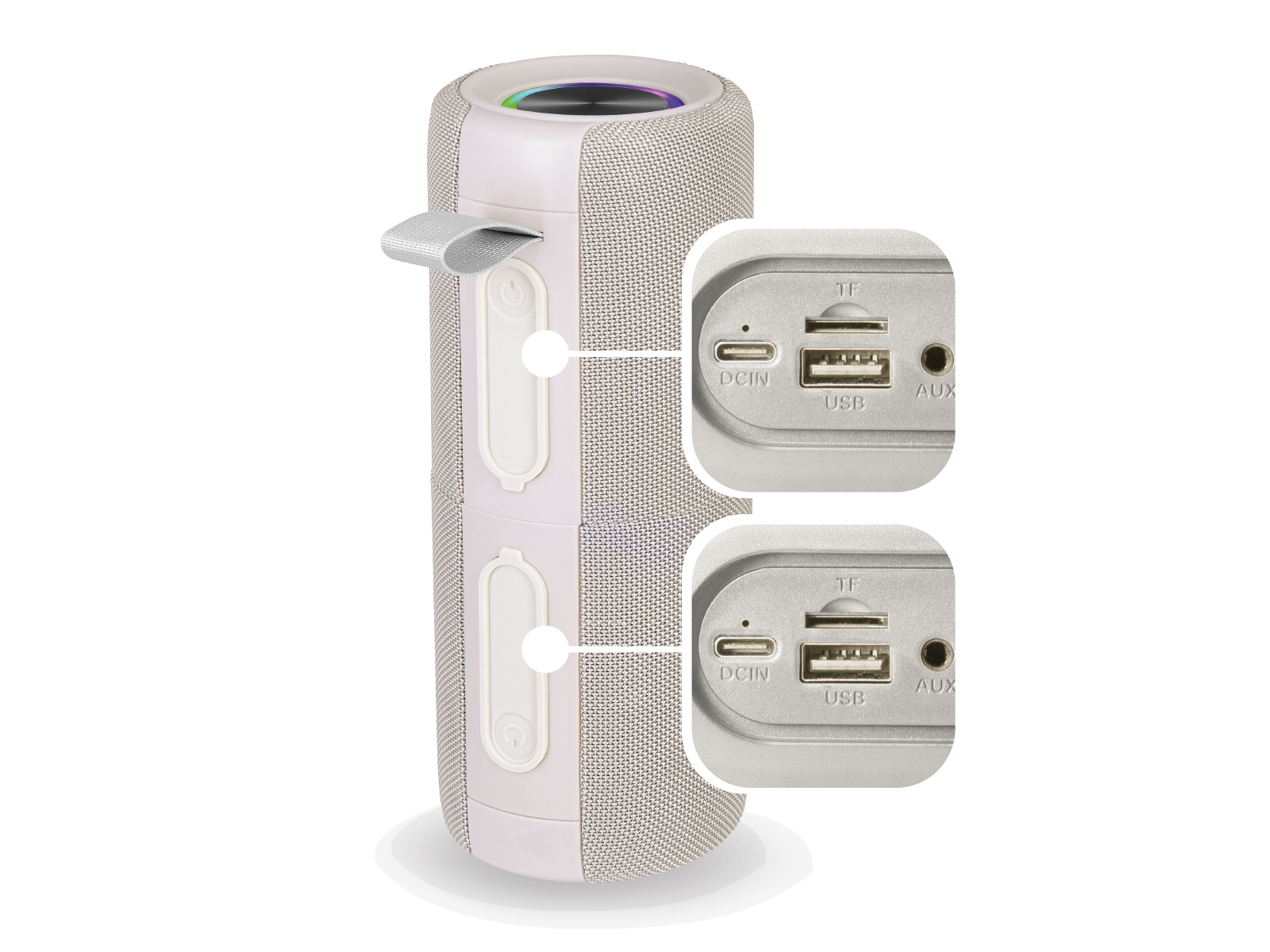 Grauer Bluetooth-Lautsprecher mit seitlichen Anschlüssen: DCIN, TF, USB und AUX.