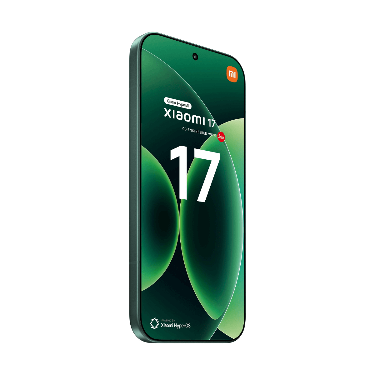 Zielony smartfon Xiaomi 17 z logo Leica, wyświetlający Xiaomi HyperOS.