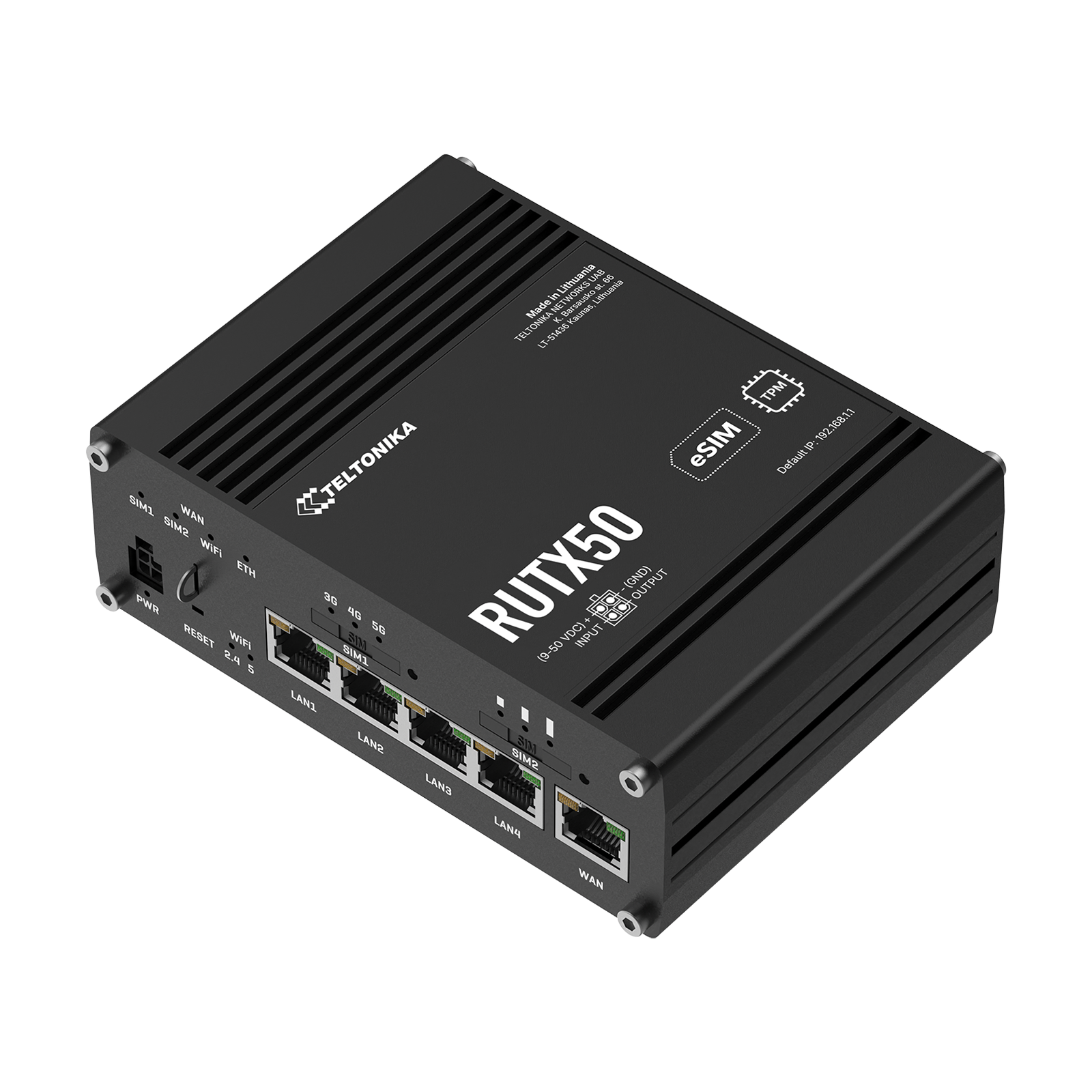 Czarny router Teltonika RUTX50 z wieloma portami i gniazdami SIM.