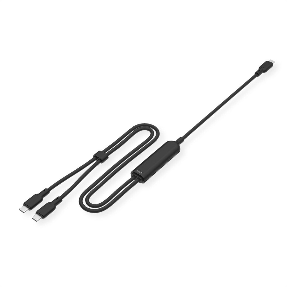 Un câble USB-C noir avec deux connecteurs et un adaptateur 100W.