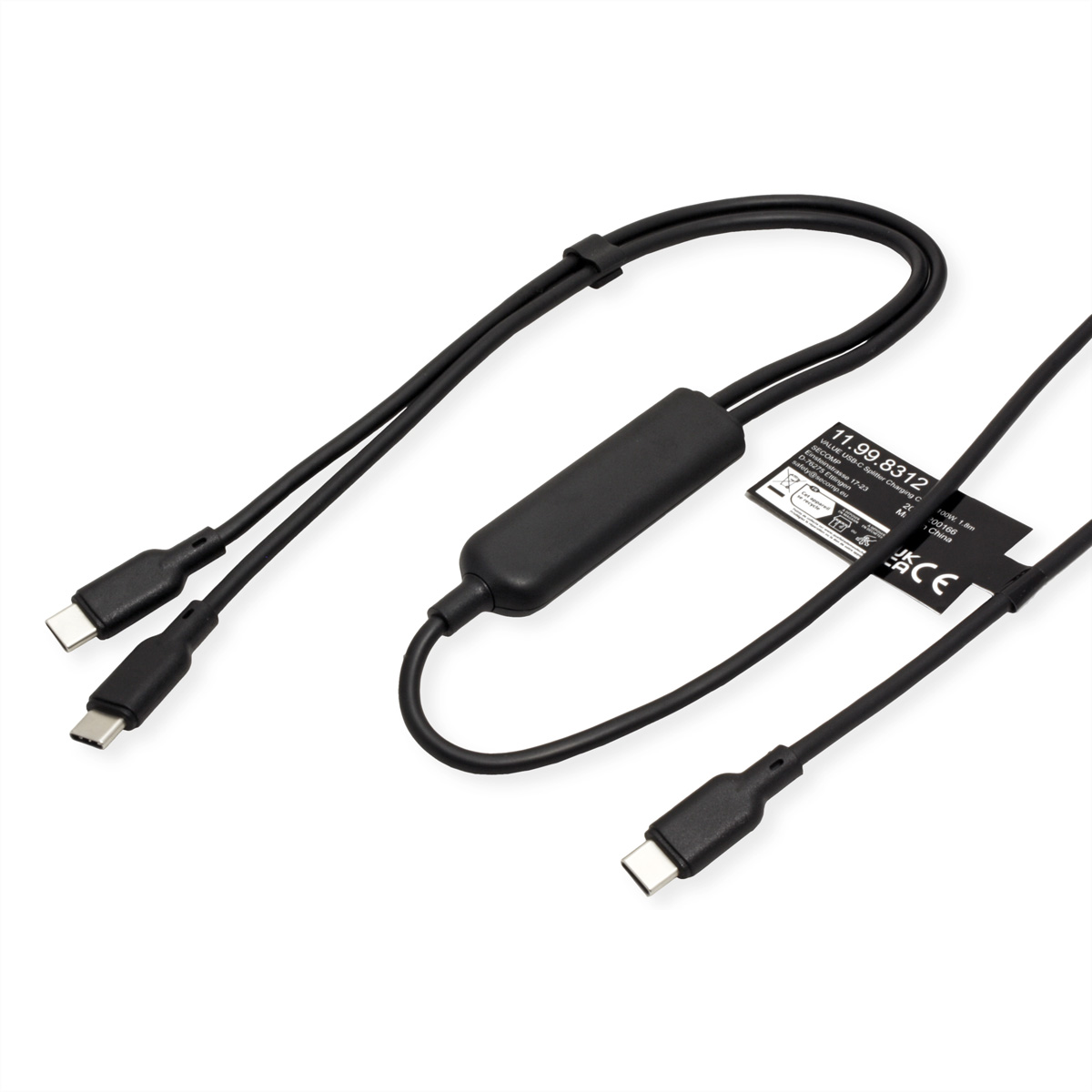 Un câble répartiteur USB-C noir avec deux extrémités et un câble principal.