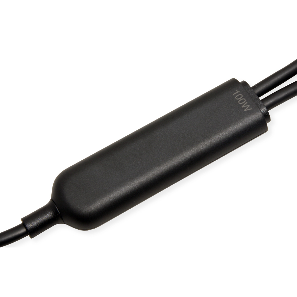Adaptateur de câble noir marqué 100W sur fond blanc.