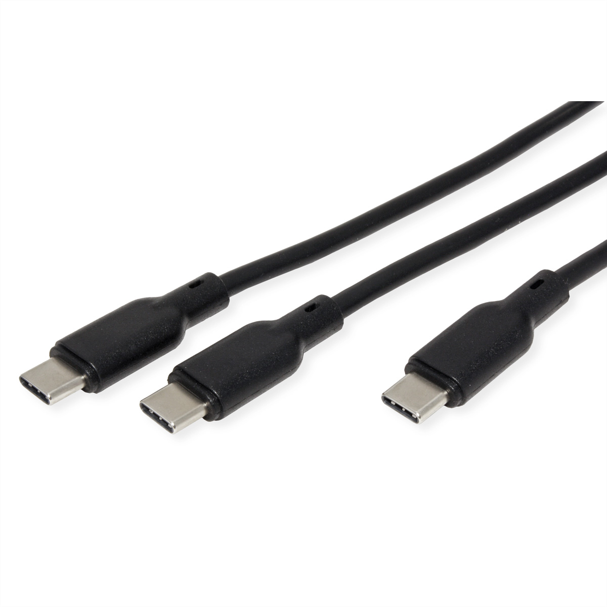 Trois câbles USB-C noirs avec connecteurs coudés sur fond blanc.