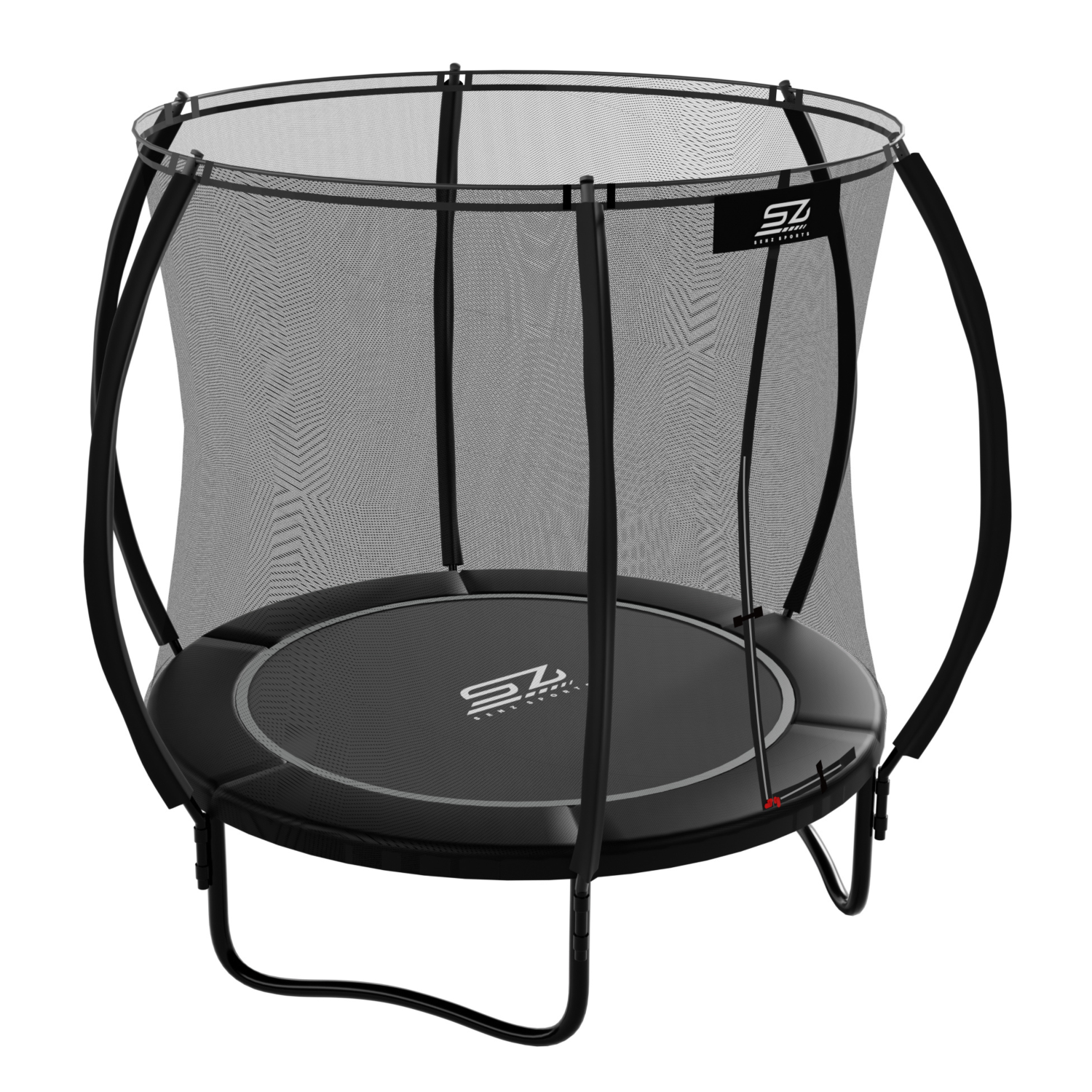 Een zwarte trampoline met veiligheidsnet en zilveren accenten. Op een witte achtergrond.