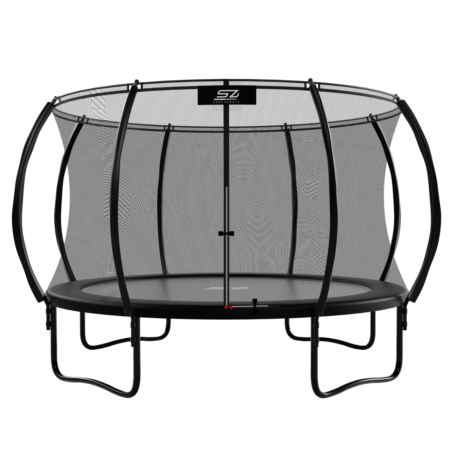 Un trampoline noir avec filet de sécurité et pieds courbés sur fond blanc.