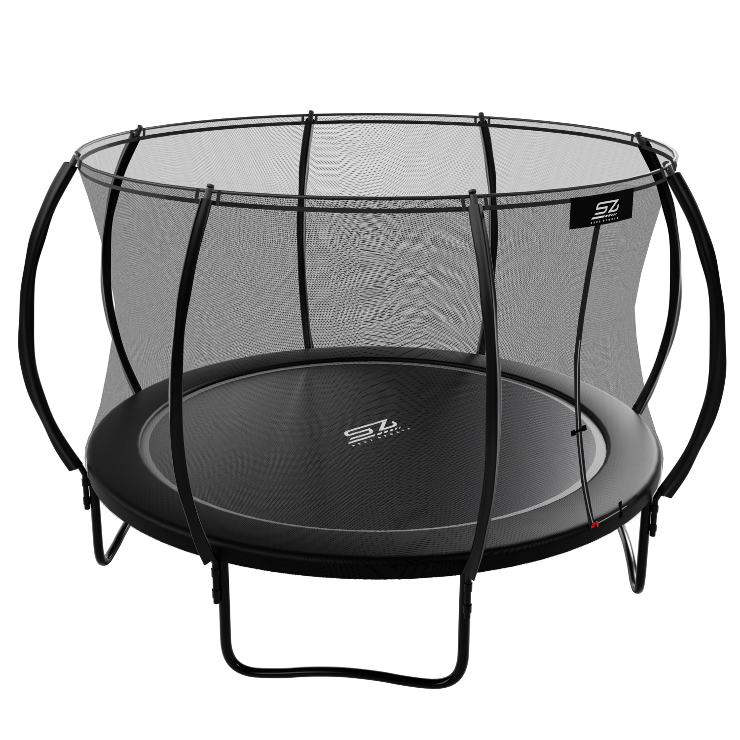 Un trampoline noir avec filet de sécurité et accents argentés sur fond blanc.