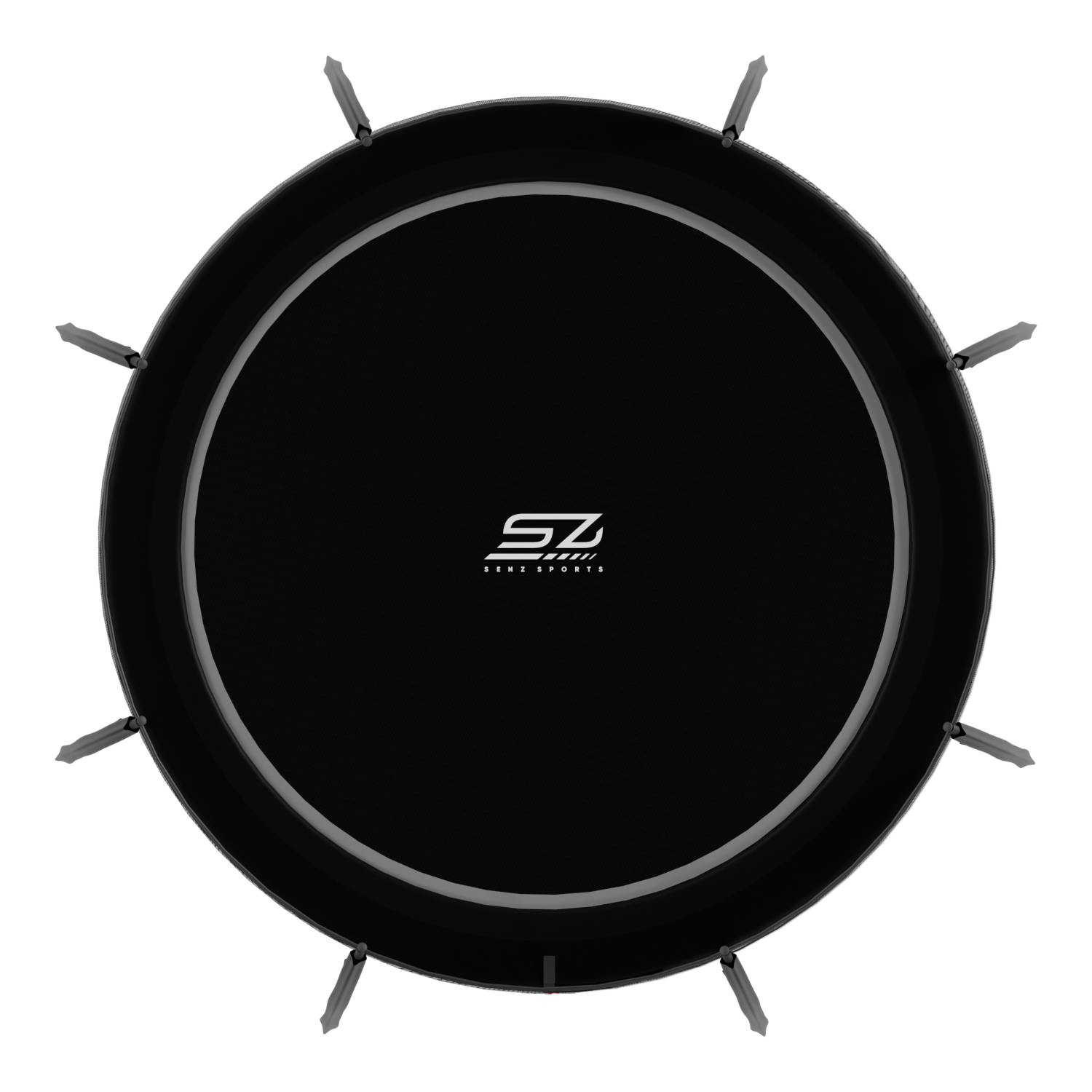 Cadre rond noir de trampoline avec poignées argentées et logo SZ.