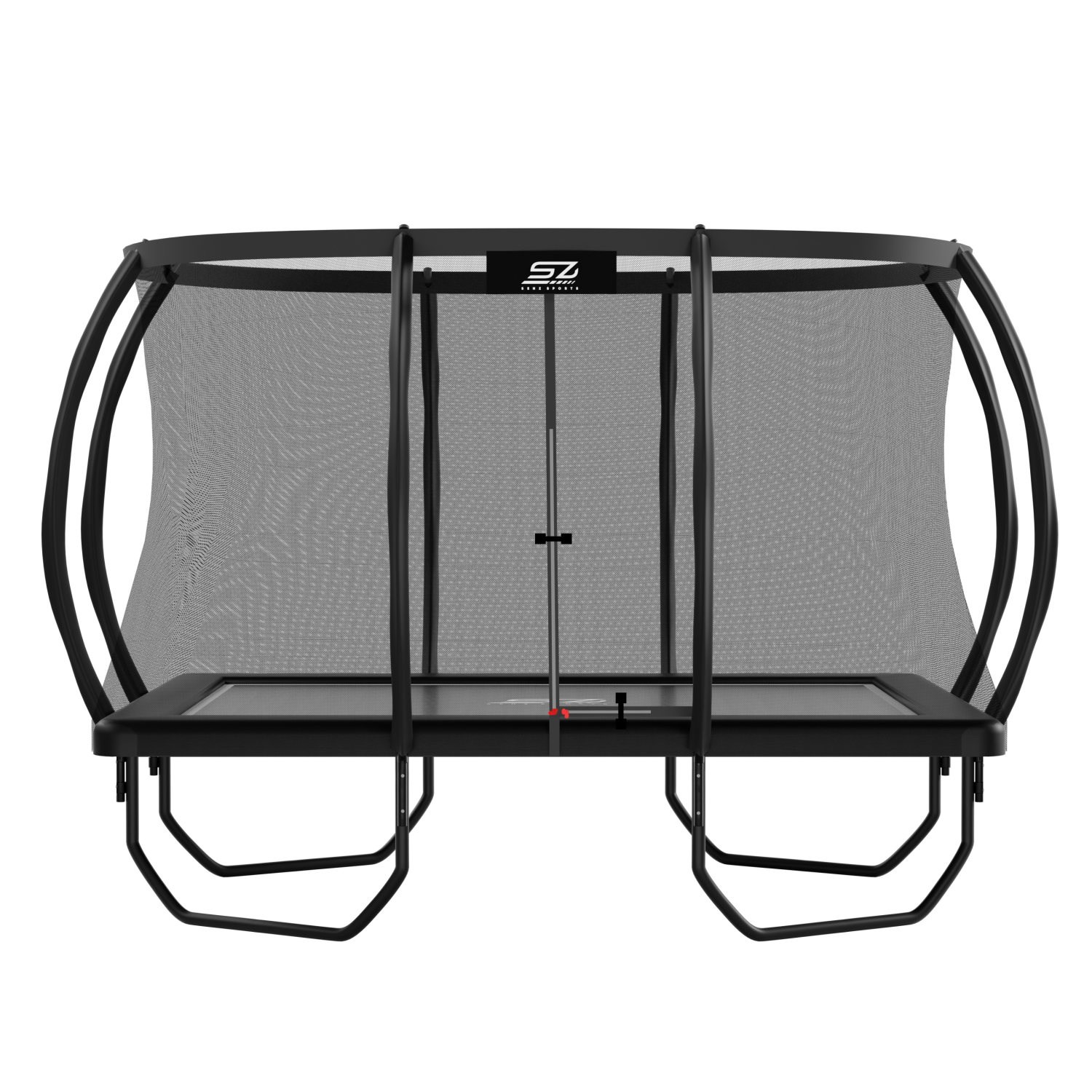 Zwarte rechthoekige trampoline met veiligheidsnet en gebogen palen.