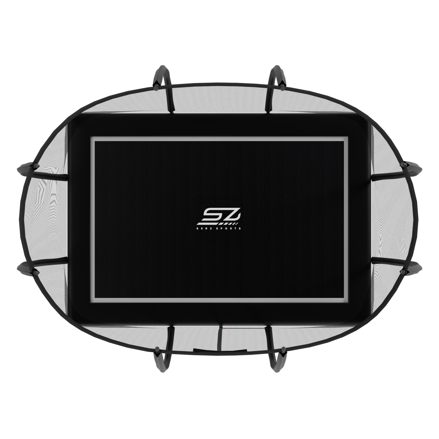 Un trampoline rectangulaire avec tapis de saut noir, filet de sécurité et cadre argenté.