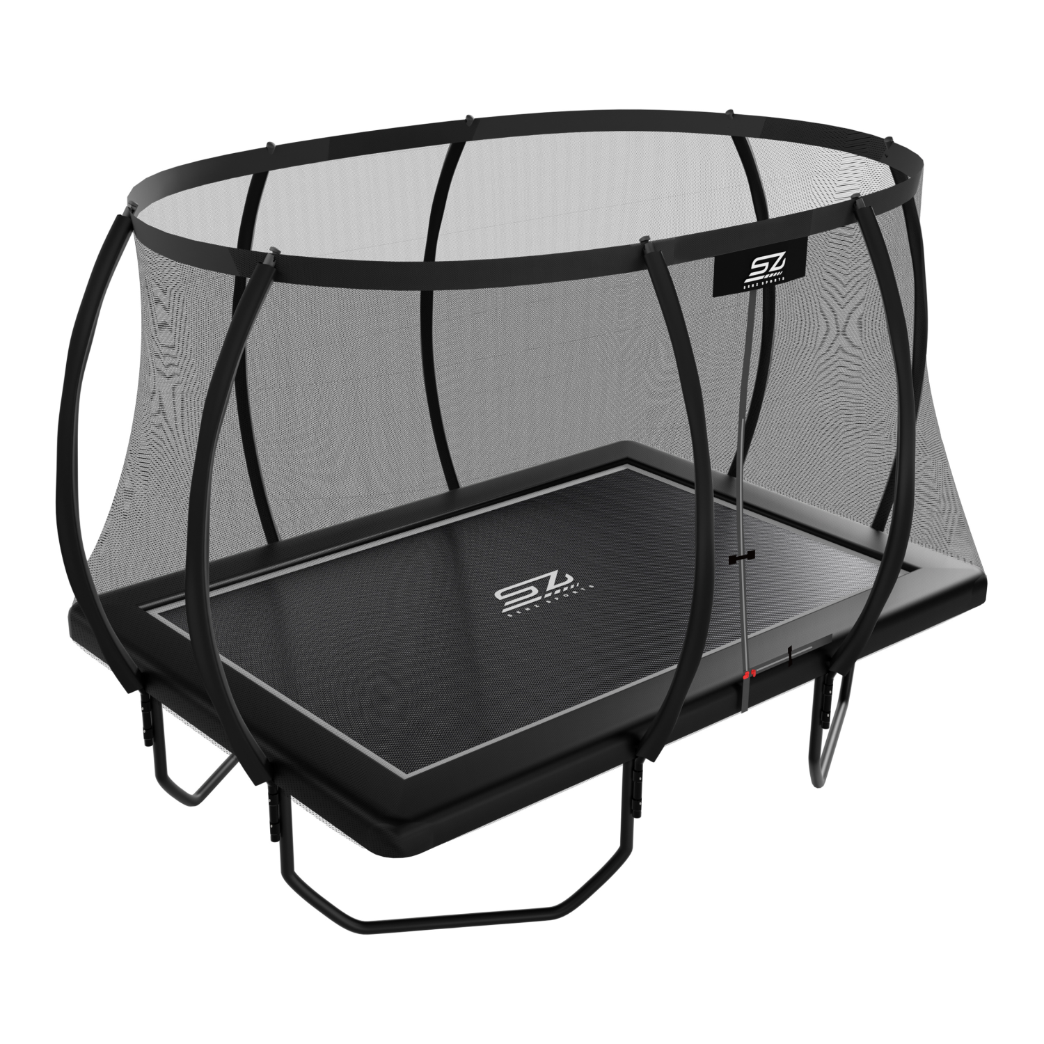 Un trampoline noir avec filet de sécurité et accents argentés.