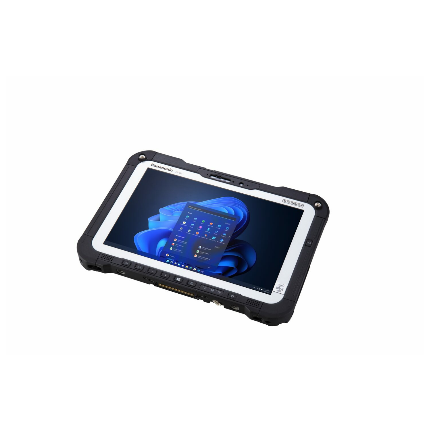 Un tablet robusto Panasonic Toughbook FZ-G2 con Windows 11. Ha una cornice nera.