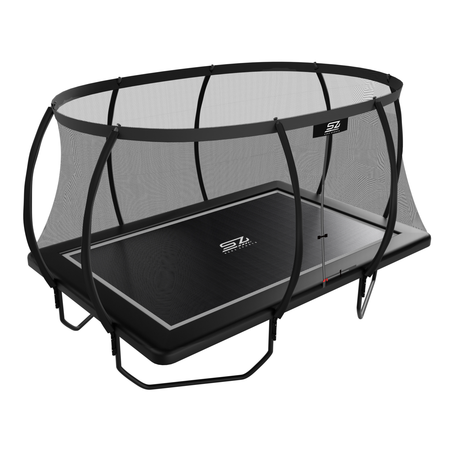 Een rechthoekige zwarte trampoline met veiligheidsnet en zilveren rand.