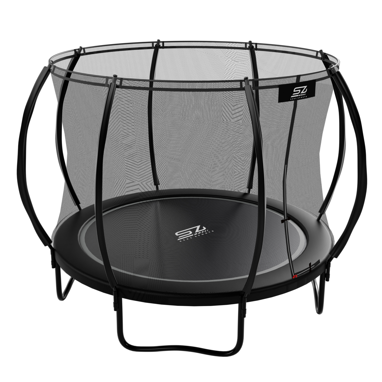 Een zwarte trampoline met veiligheidsnet en zilveren rand.