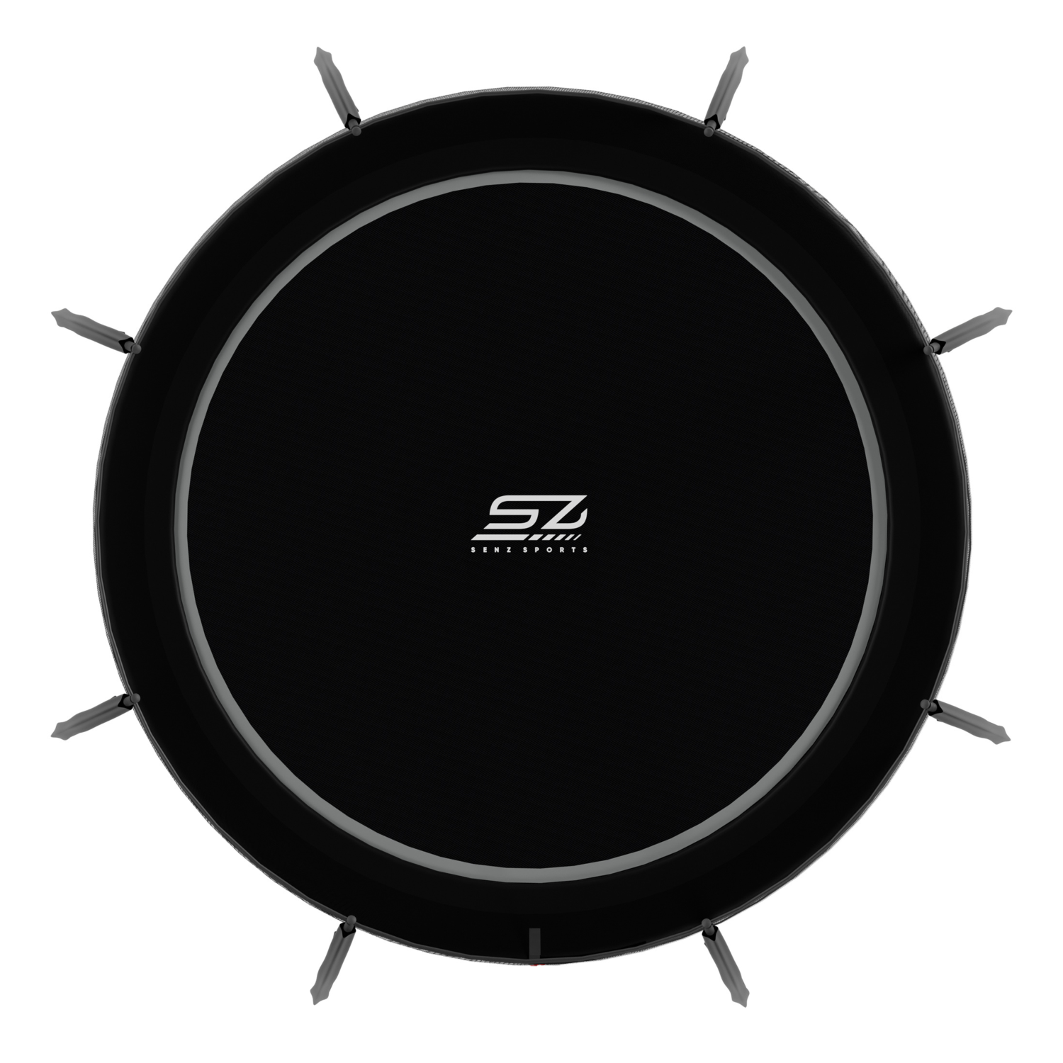 Een zwart trampoline met grijze rand en SZ-logo in het midden.