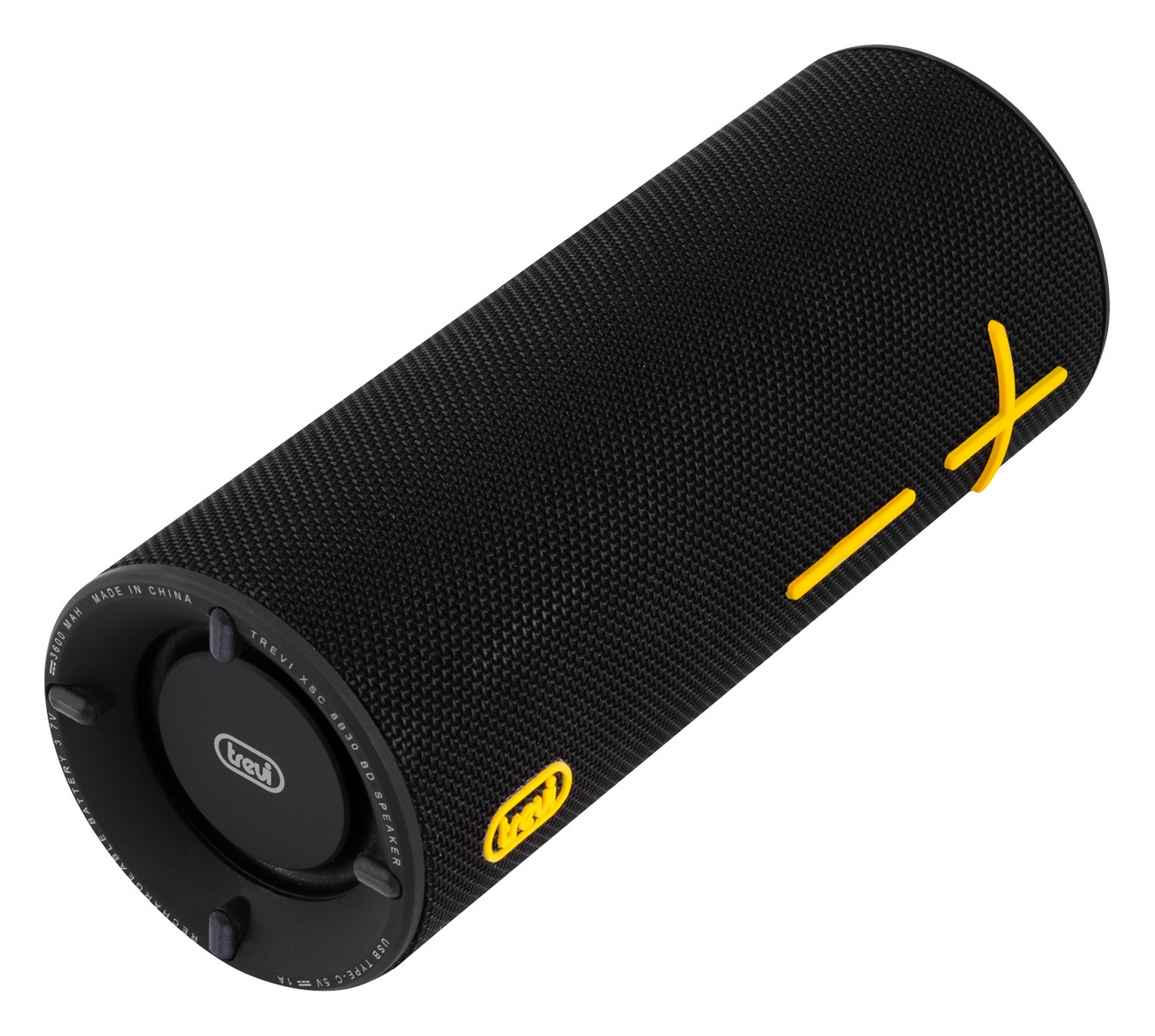 Schwarzer Bluetooth-Lautsprecher mit gelben Akzenten und Trevi-Logo.