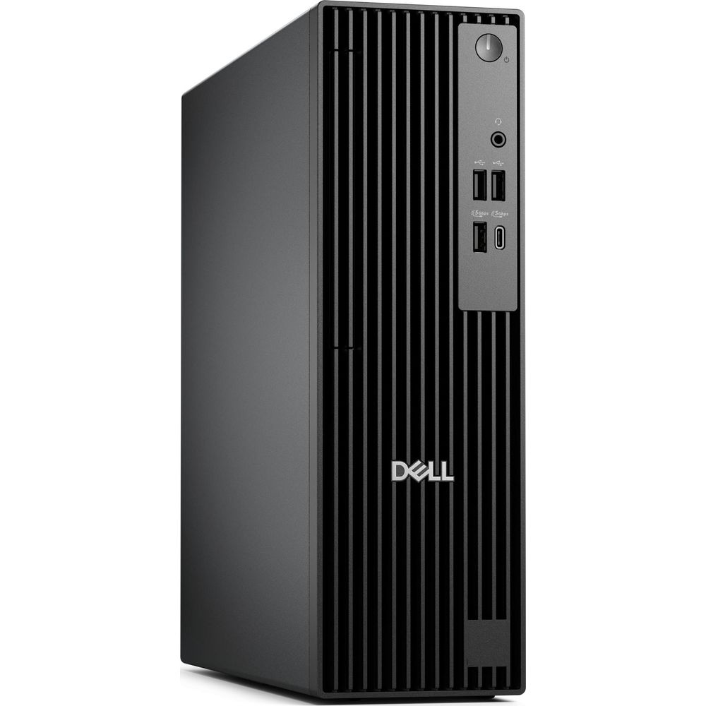 Black Dell desktop computer with vertical vents and front ports.