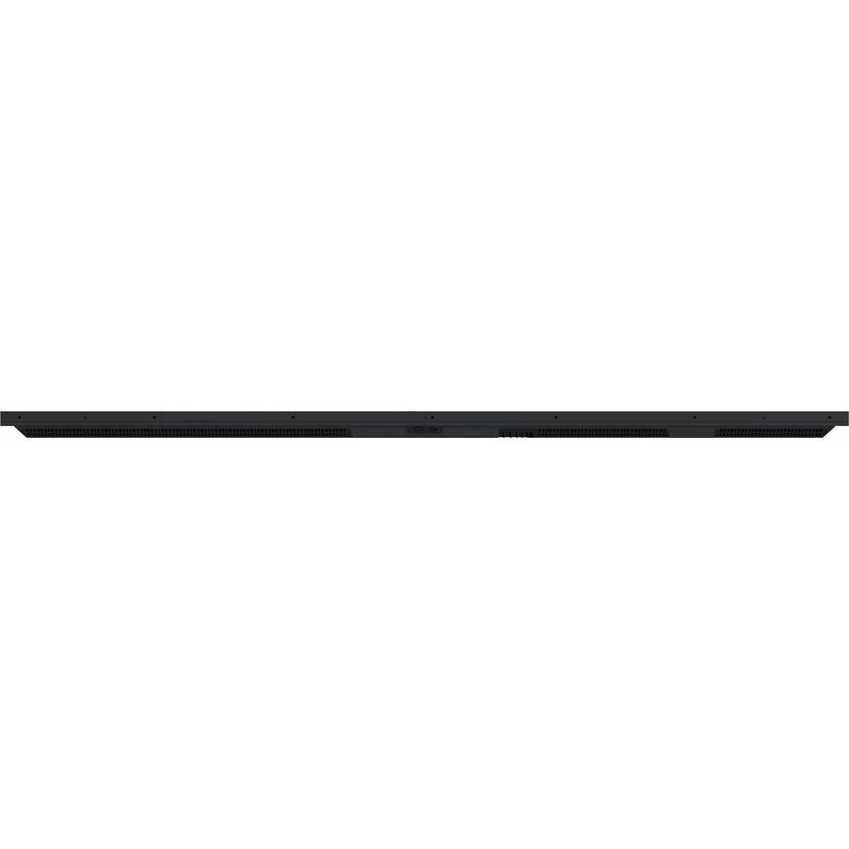 Czarny soundbar z otworami wentylacyjnymi i portami na dolnej krawędzi.