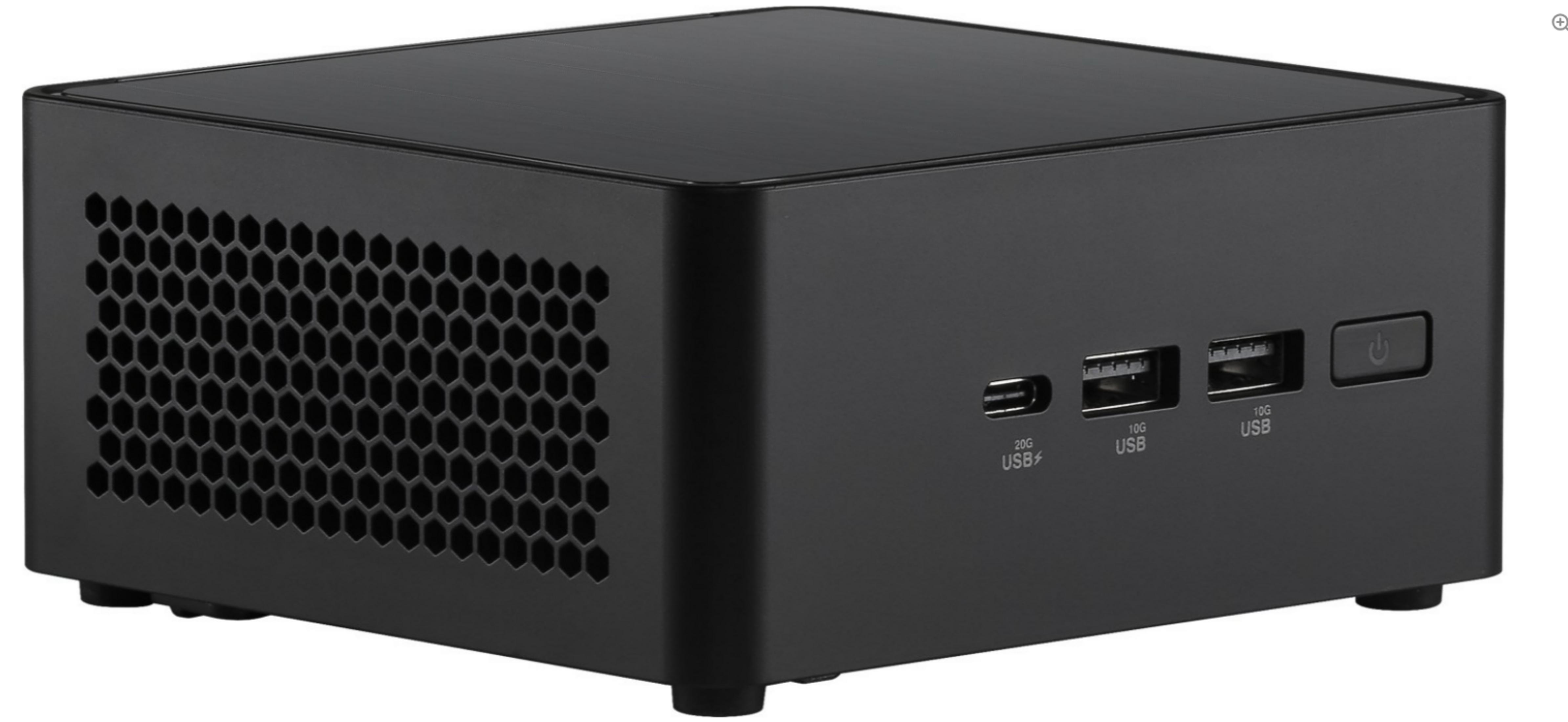 Black mini PC with honeycomb ventilation, USB ports, and power button.