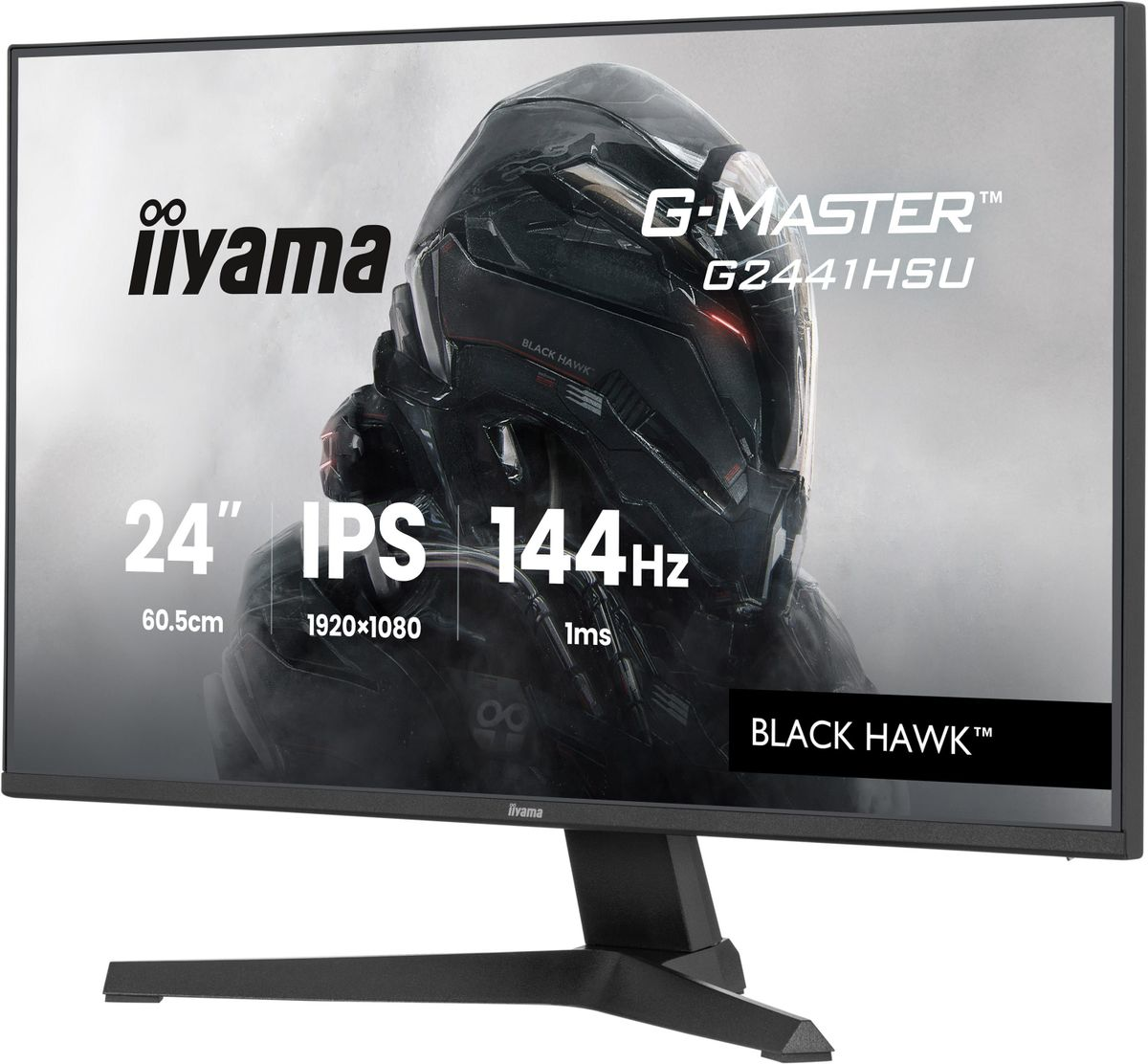 Monitor iiyama G-MASTER z czarnym hełmem w tle.