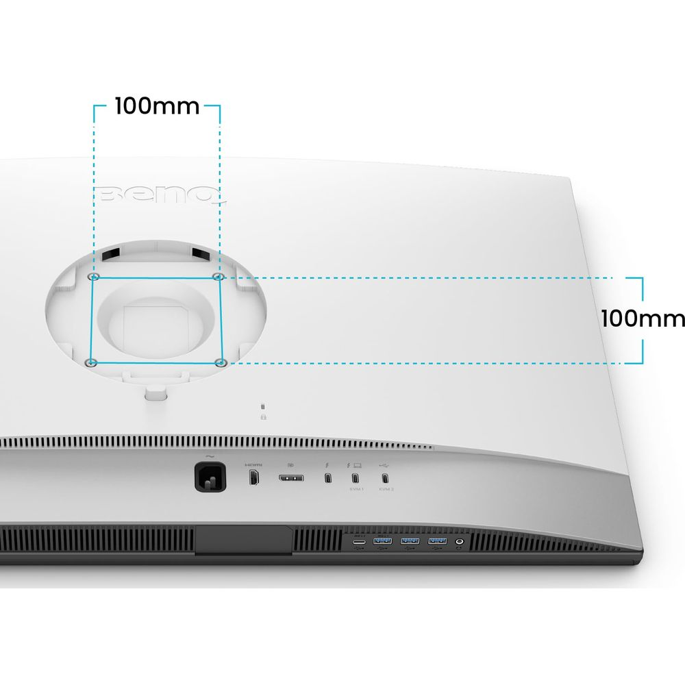 Tył białego monitora pokazujący wymiary mocowania VESA 100 mm.