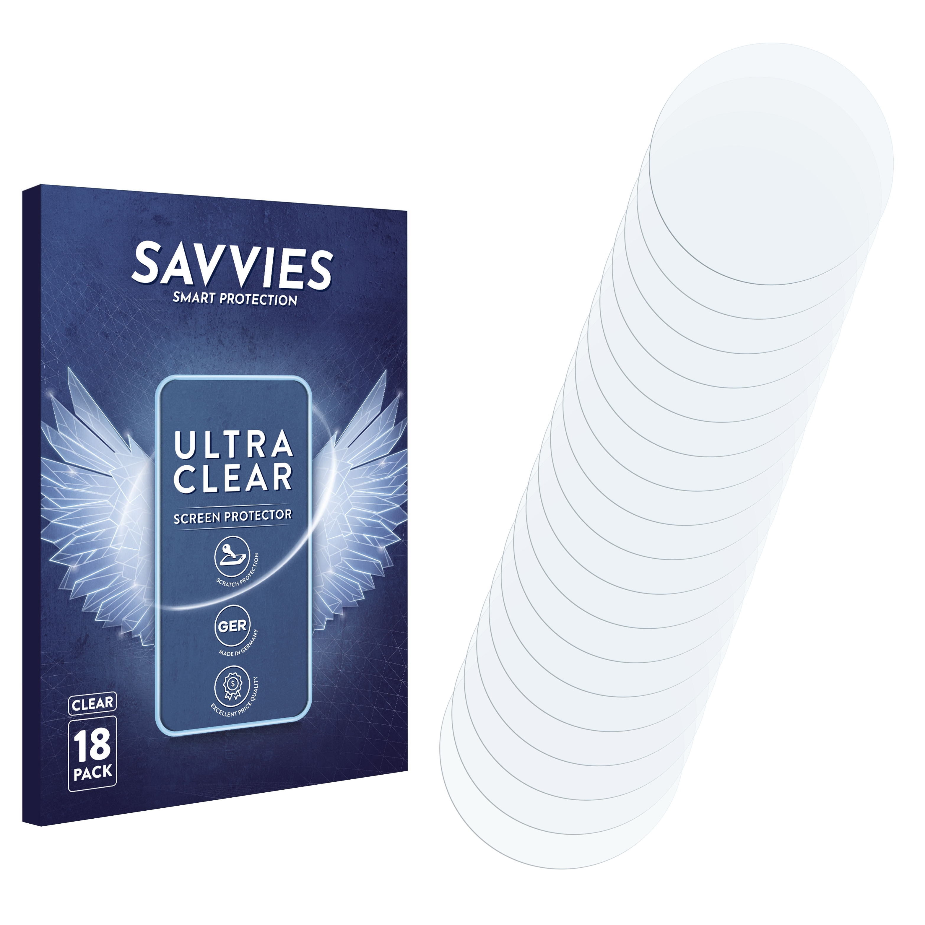 Verpackung von Savvies Displayschutzfolien und 18 einzelne Schutzfolien.