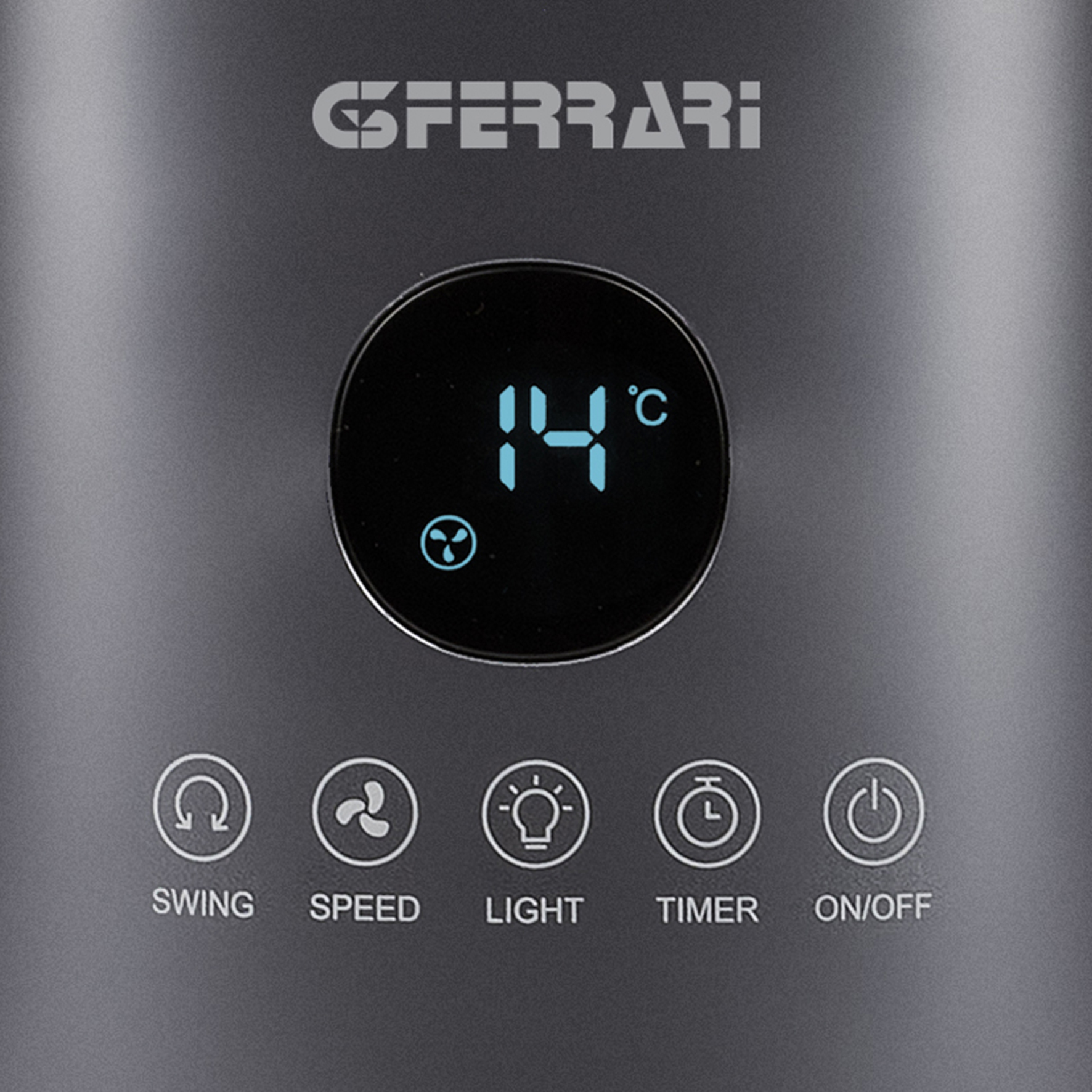 Logo GFERRARI nad wyświetlaczem pokazującym 14°C i ikonę wentylatora.