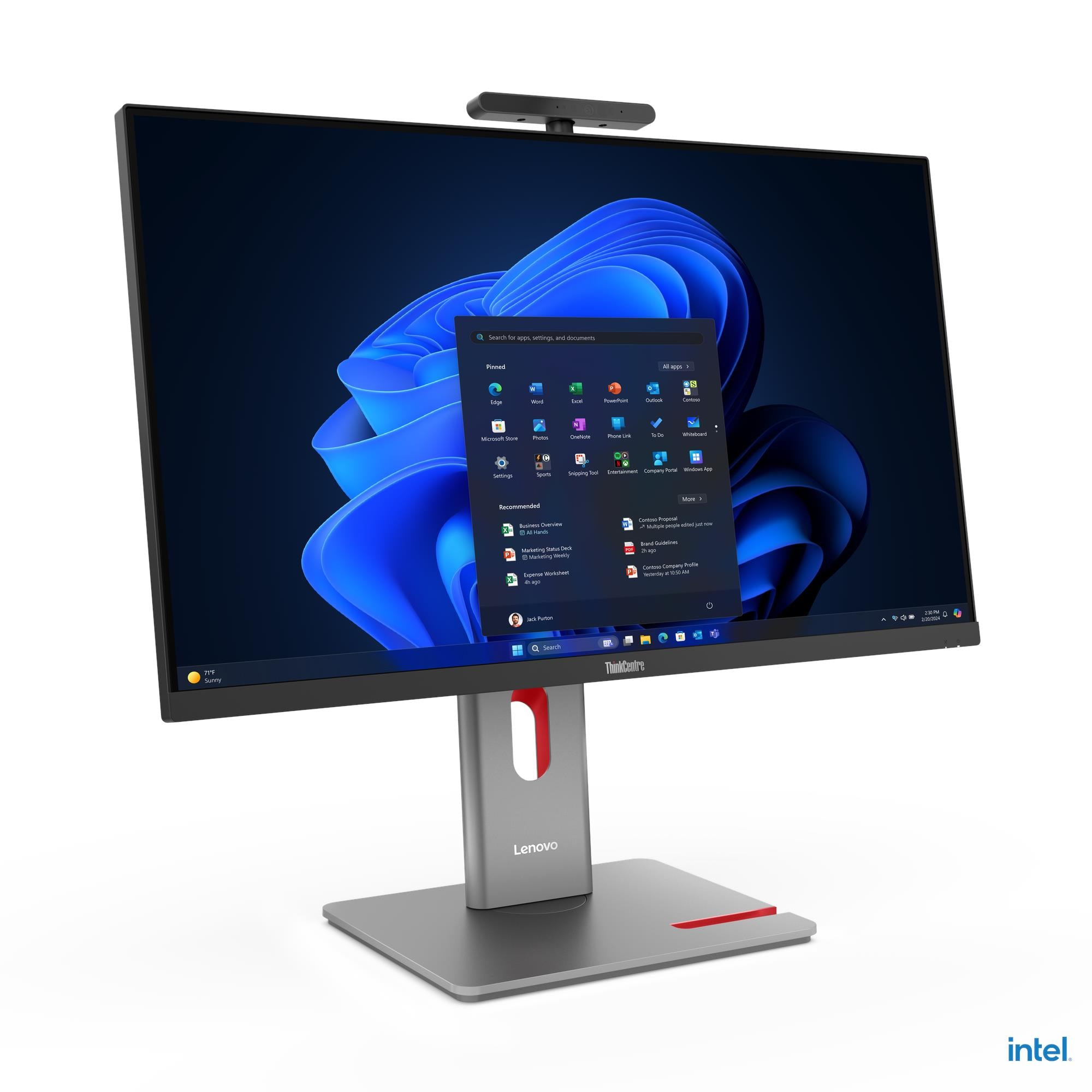 Un PC all-in-one Lenovo con Windows 11 e una webcam.