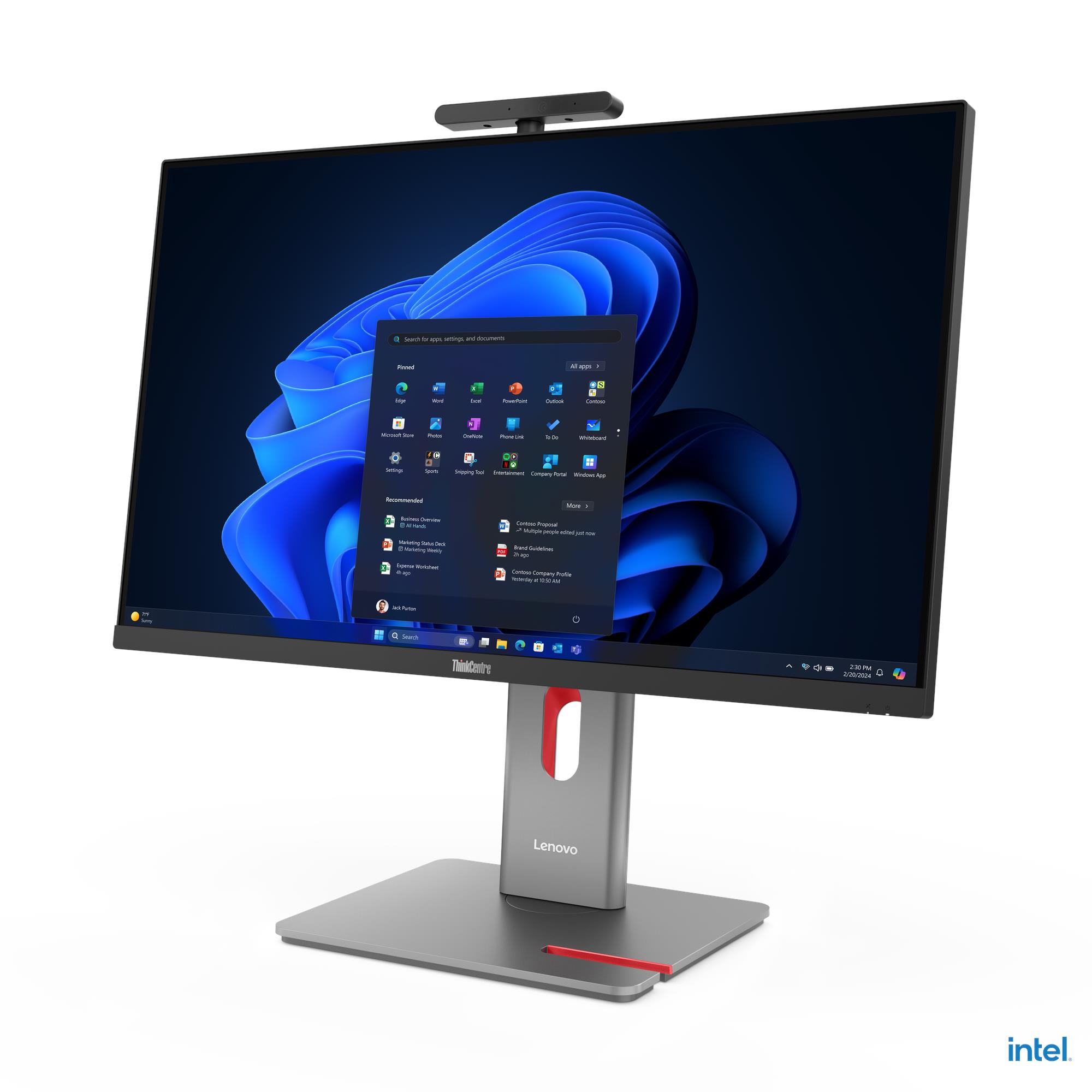 Un moderno PC All-in-One Lenovo ThinkCentre con webcam e menu Start di Windows 11.