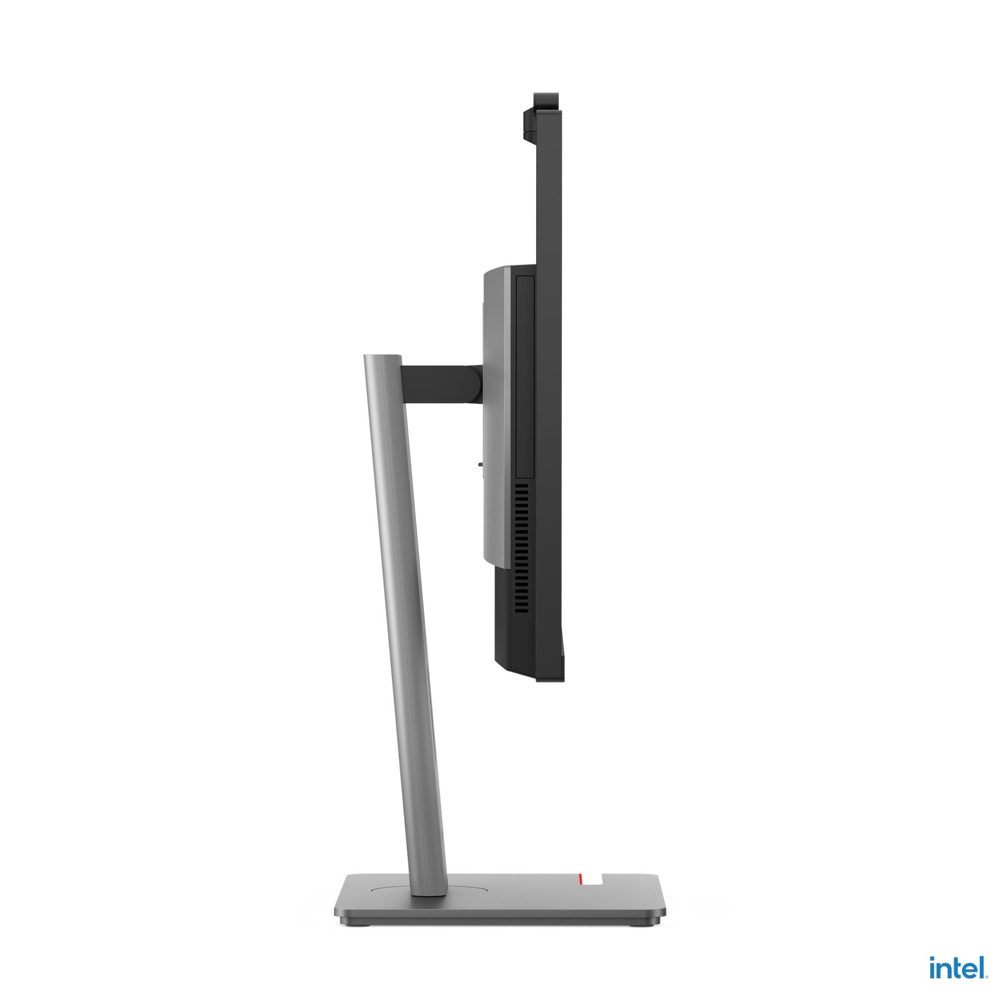 Un monitor visto di lato, con un elegante supporto argentato su sfondo bianco.