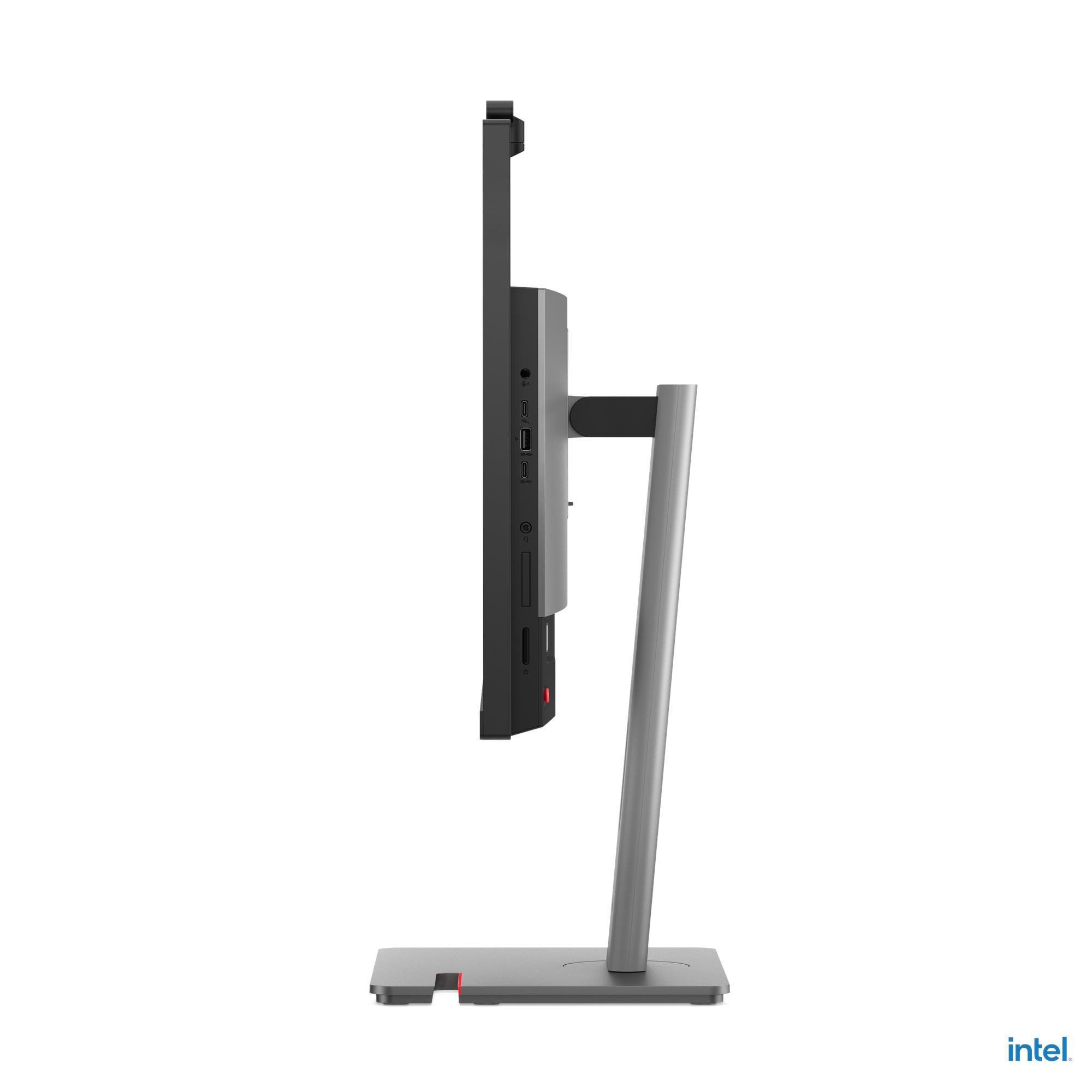 Vista laterale di un computer all-in-one nero con supporto grigio su sfondo bianco.