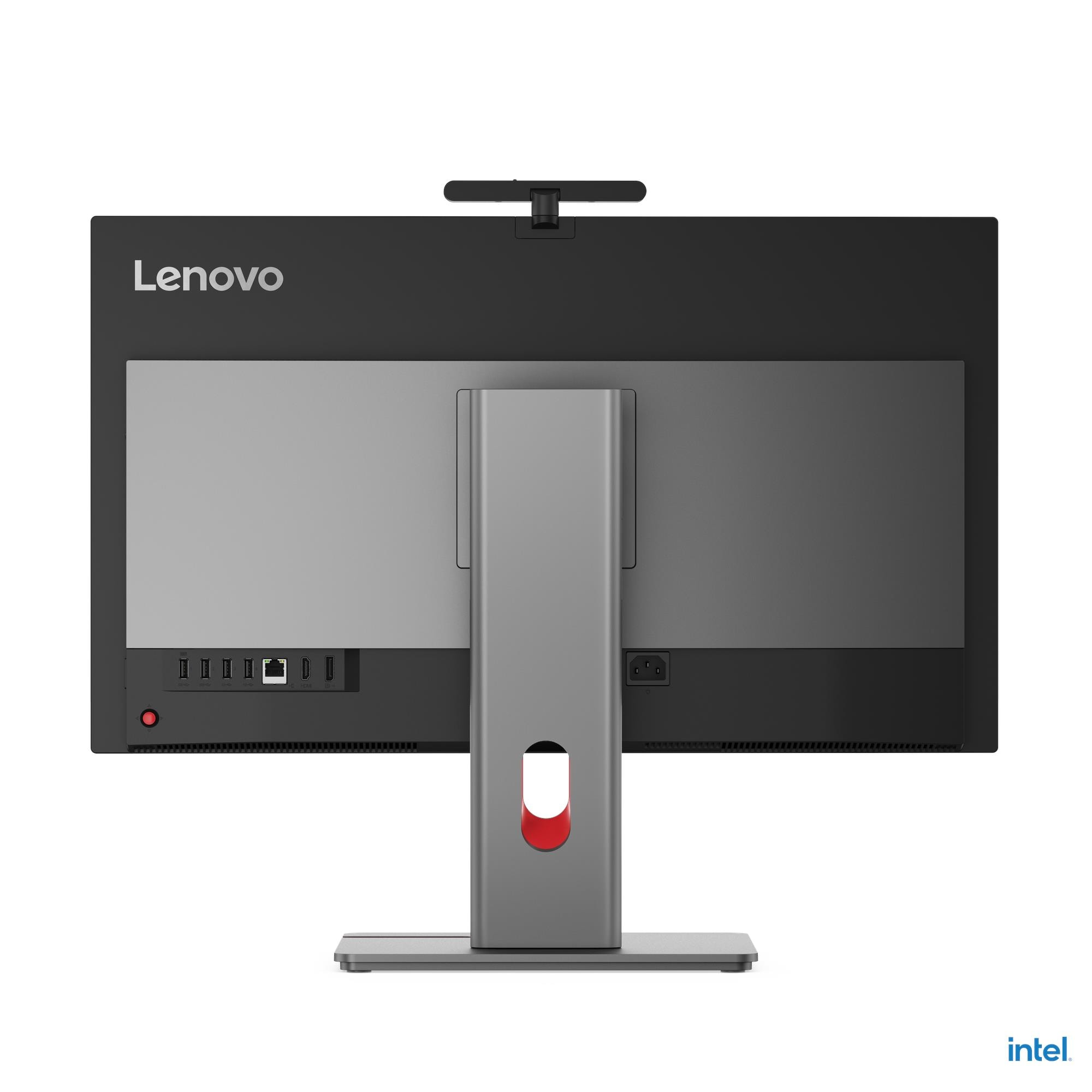 Vista posteriore di un computer All-in-One Lenovo con porte e logo Intel.