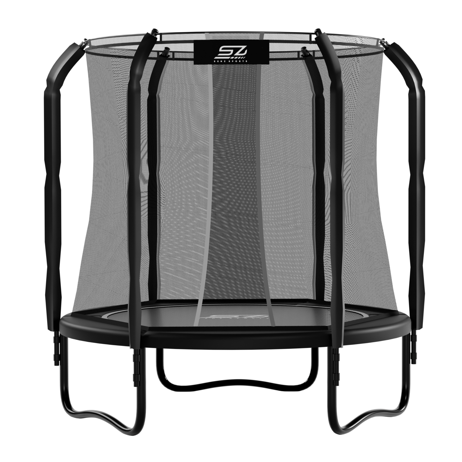 Un trampoline noir avec filet de sécurité et pieds courbés.