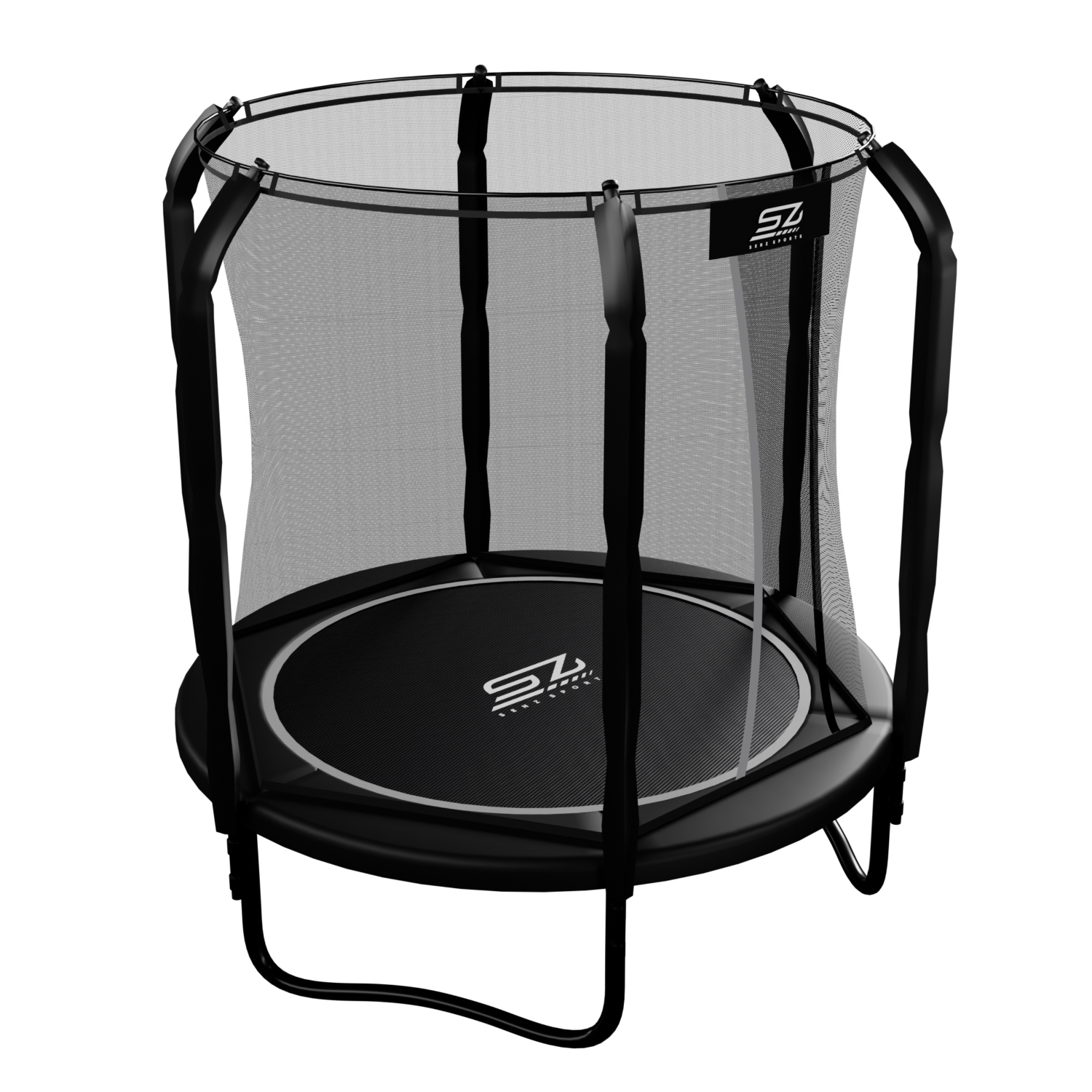 Un trampoline noir avec filet de sécurité et logo sur le tapis.