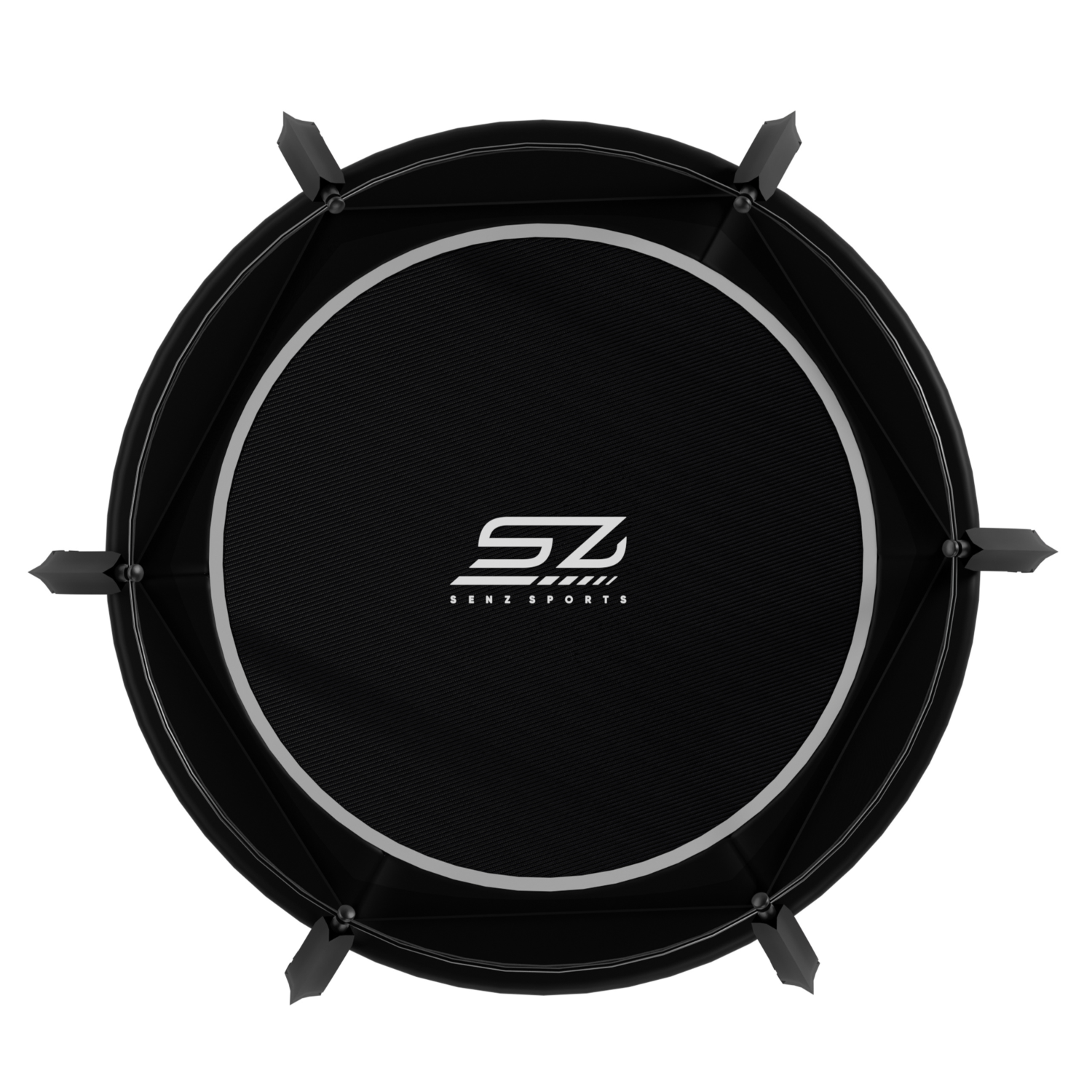 Tapis rond noir avec anneau blanc et logo SZ, soutenu par des pointes noires.