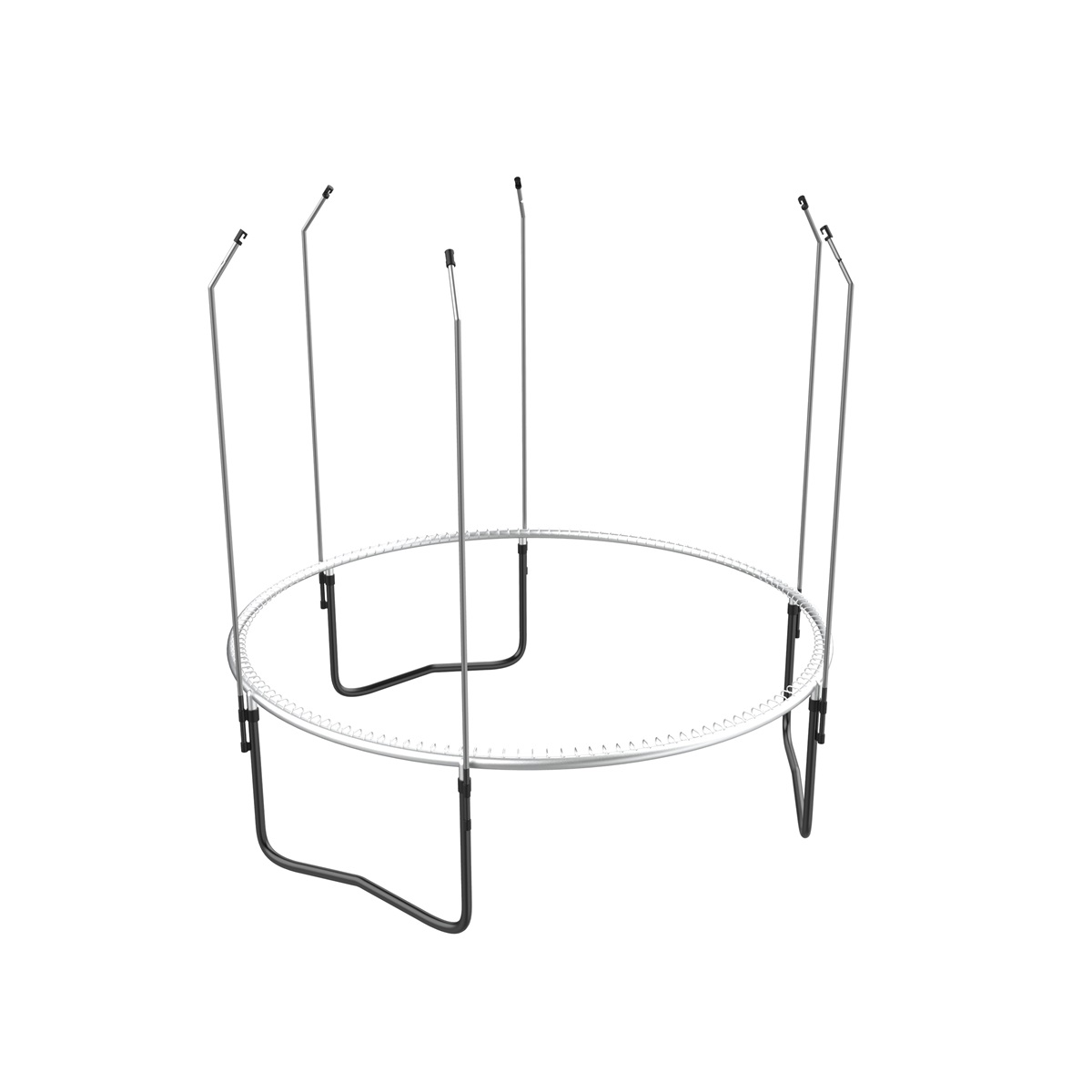 Un cadre de trampoline en métal avec des parties grises et noires et des poteaux.