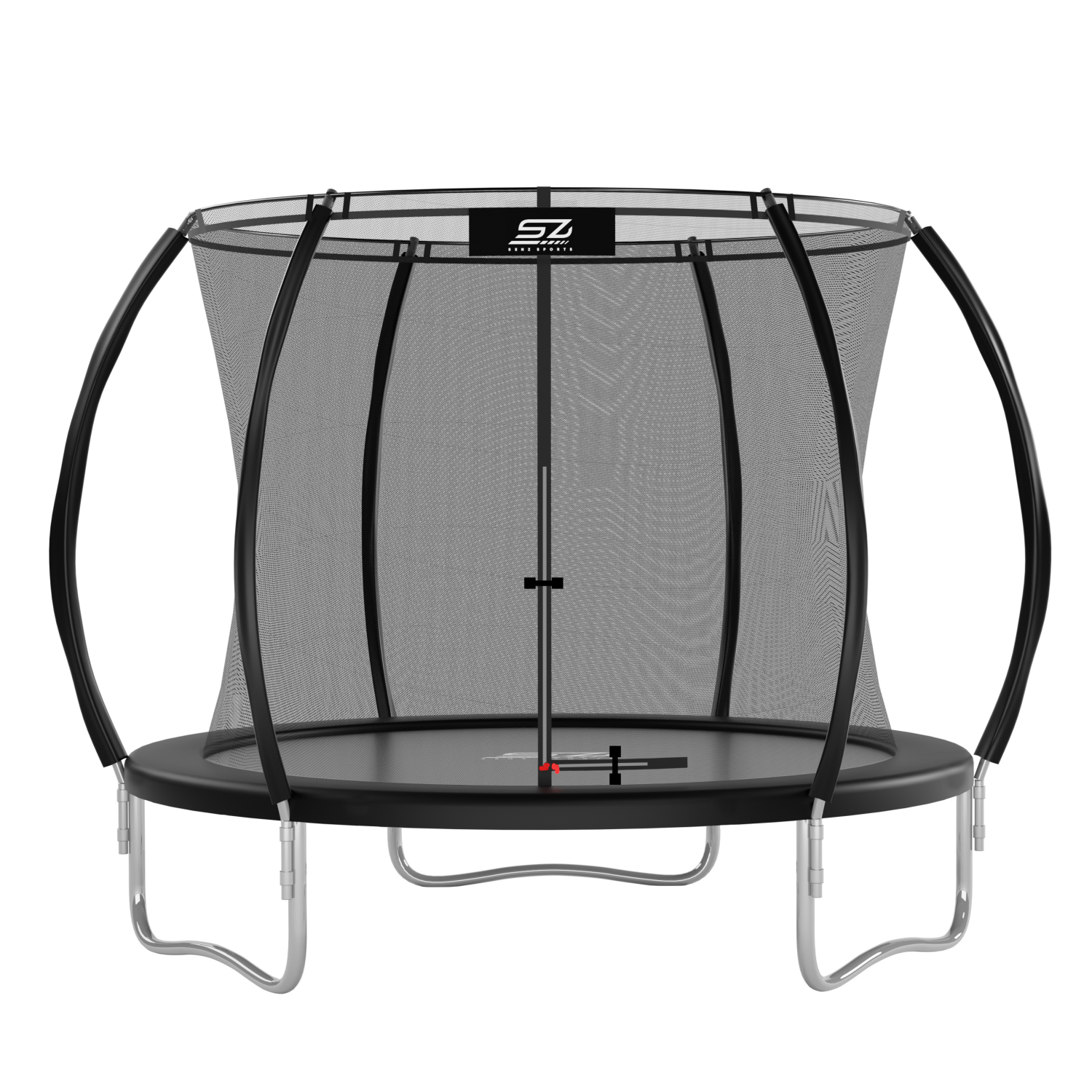 Un trampoline noir avec filet de sécurité et pieds argentés.