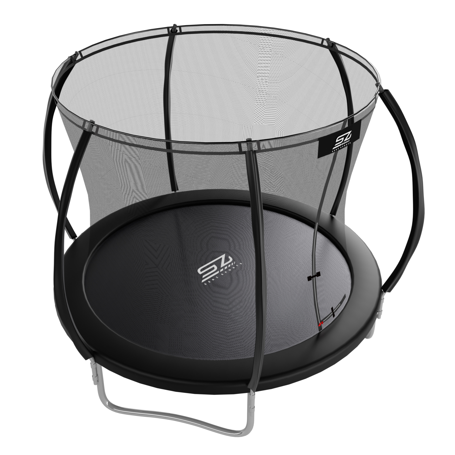 Trampoline noir avec filet de sécurité et cadre en métal argenté.
