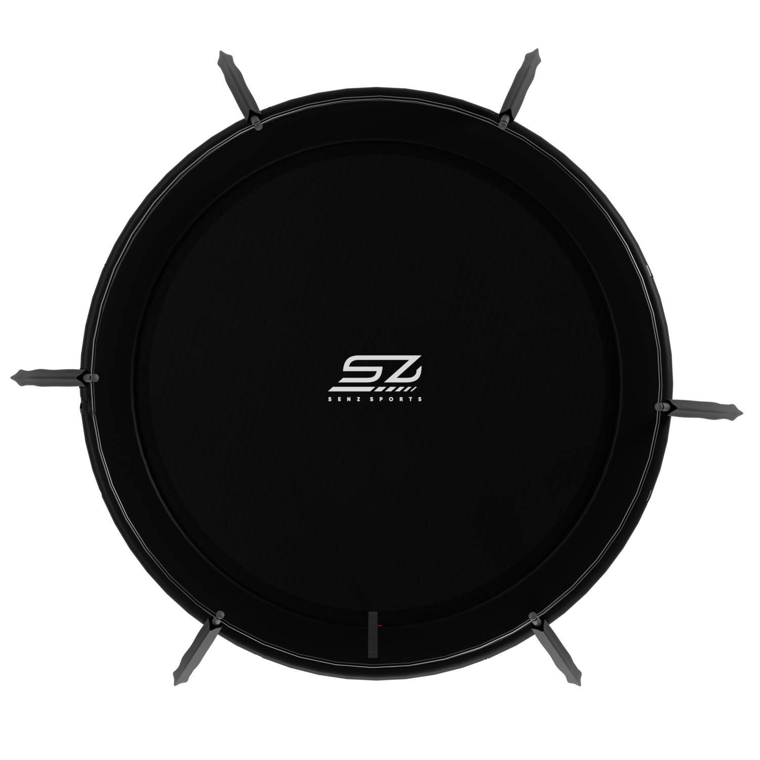Trampoline noir avec logo argenté et six pieds sur fond blanc.