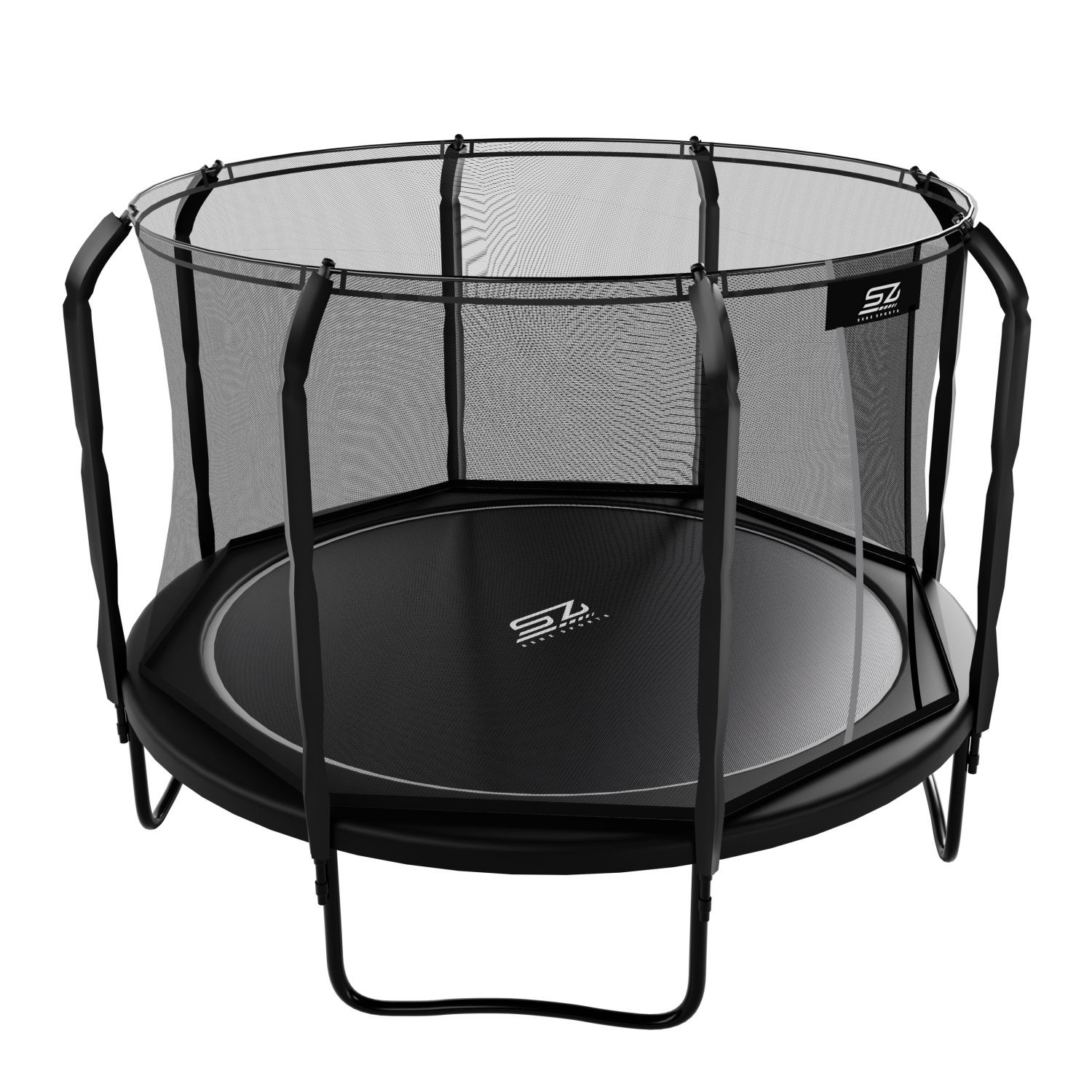 Een zwarte trampoline met veiligheidsnet en zilveren accenten.