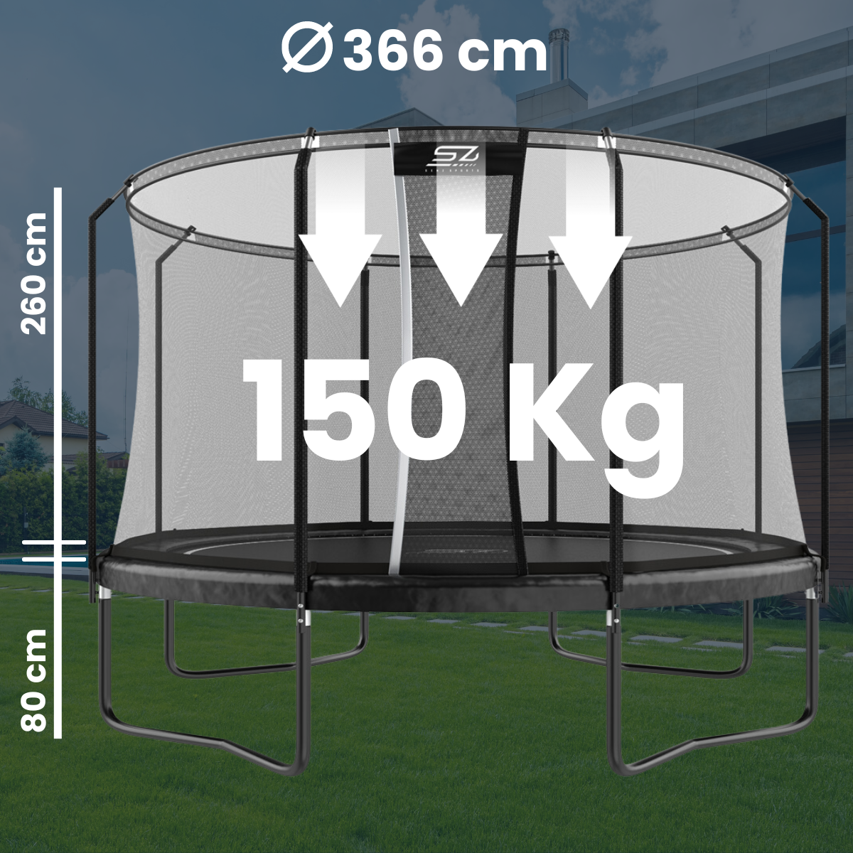 Trampoline Ø 366cm, H 260cm, Laadvermogen 150kg, Hoogte 80cm.