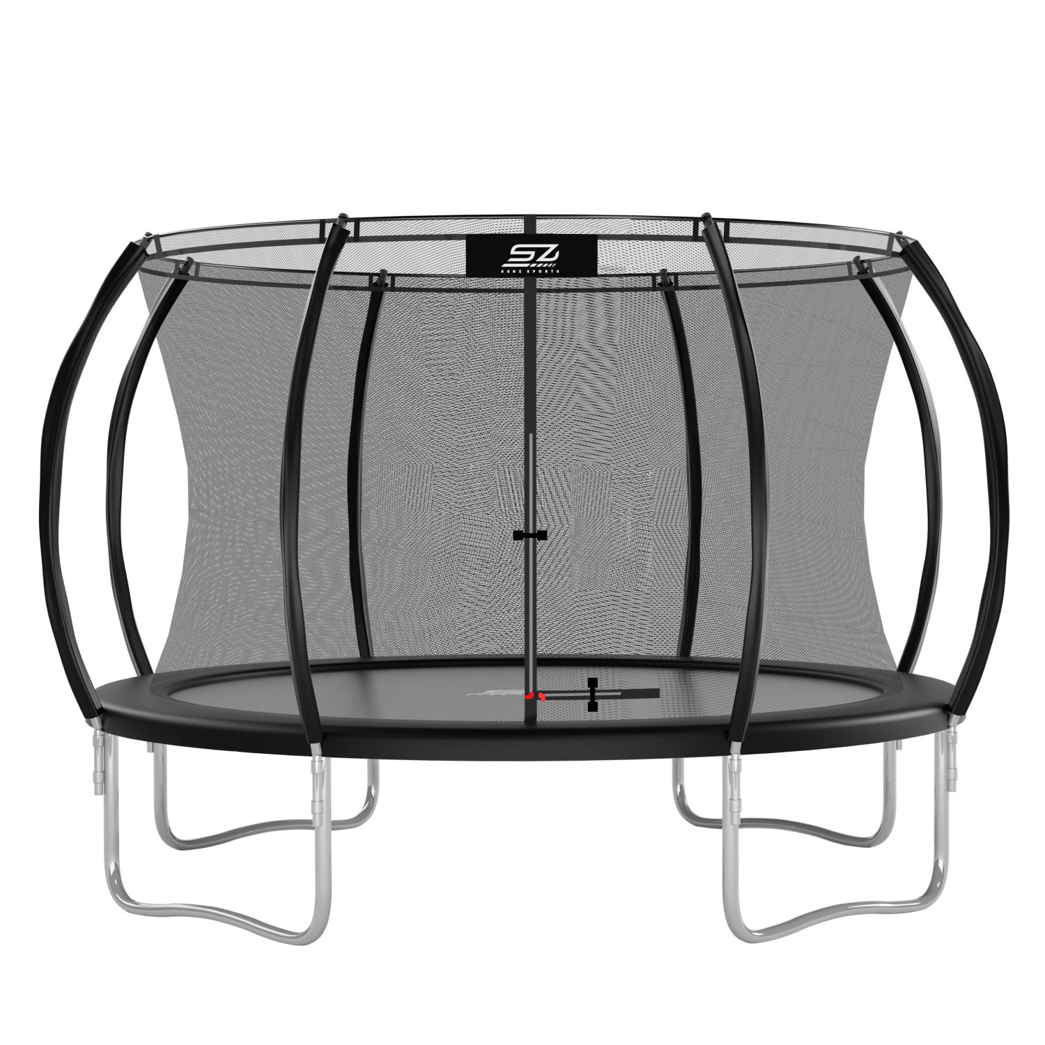 Een ronde trampoline met een zwart veiligheidsnet en zilveren poten.