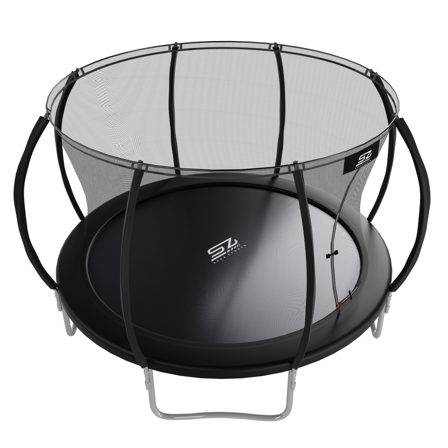 Zwarte trampoline met veiligheidsnet en zilverkleurig metalen frame, geïsoleerd.