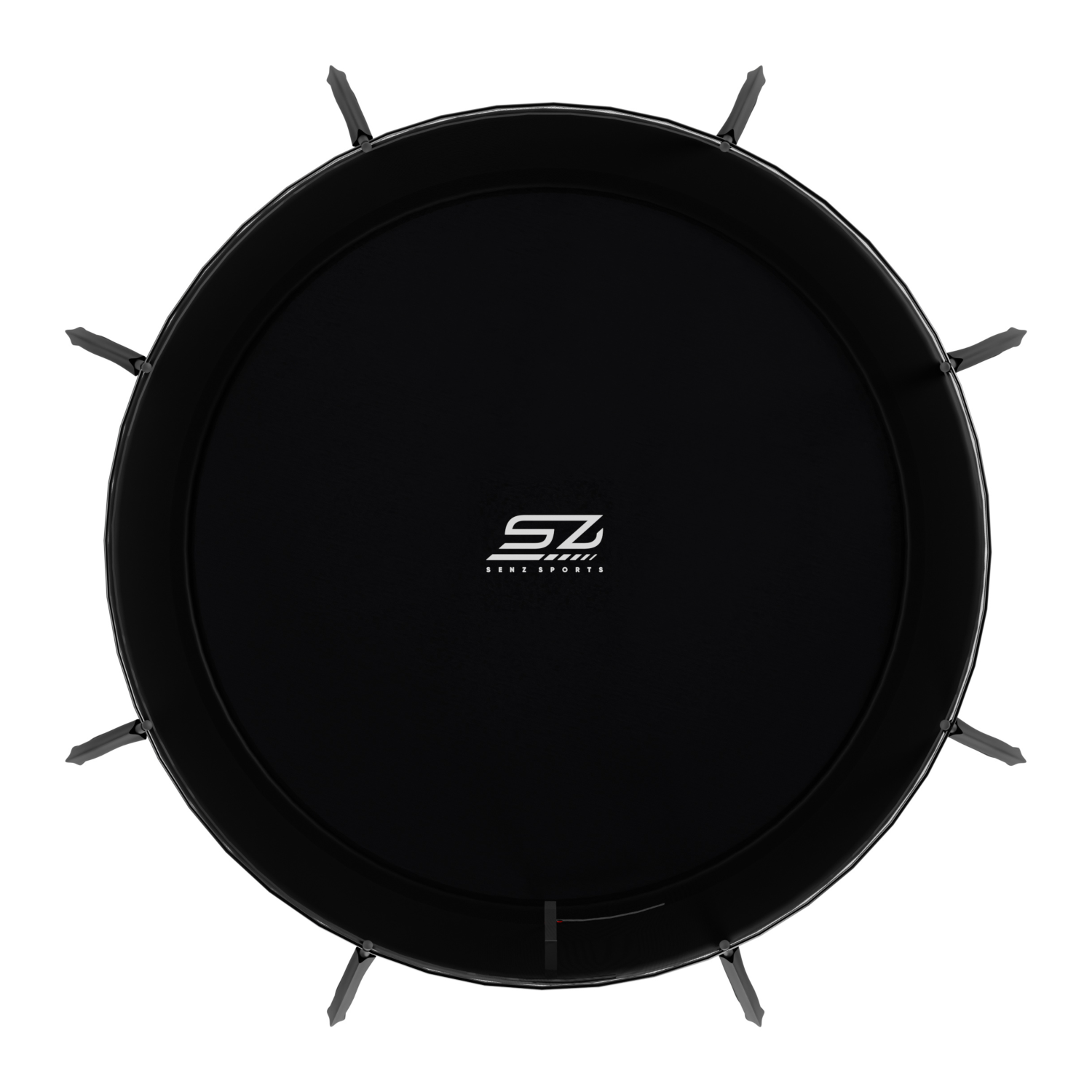 Zwarte trampoline met zilveren logo en externe veren op witte achtergrond.