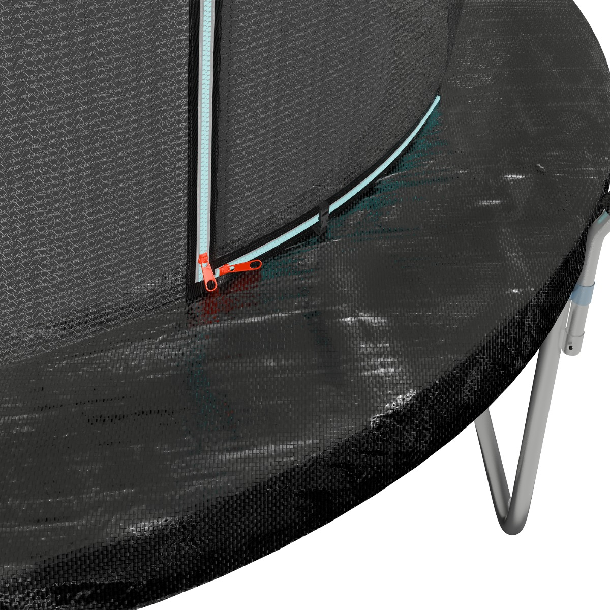 Close-up van een trampolinenet met rits en rand.