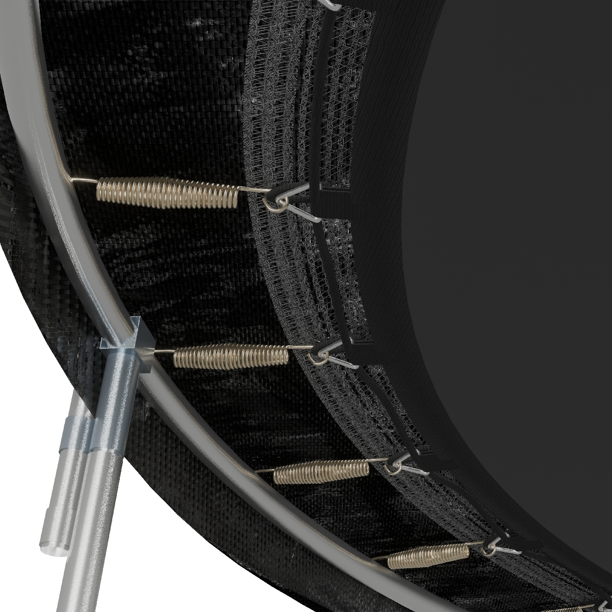 Close-up van trampolinespringen met metalen spiralen bevestigd aan een zwarte springmat.