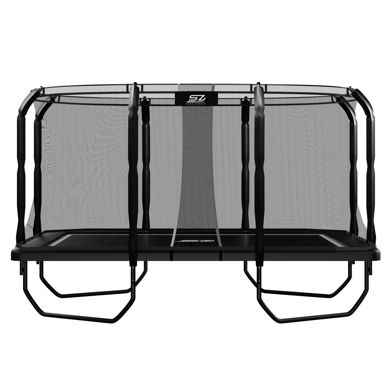 Een zwarte rechthoekige trampoline met veiligheidsnet en zilveren logo.