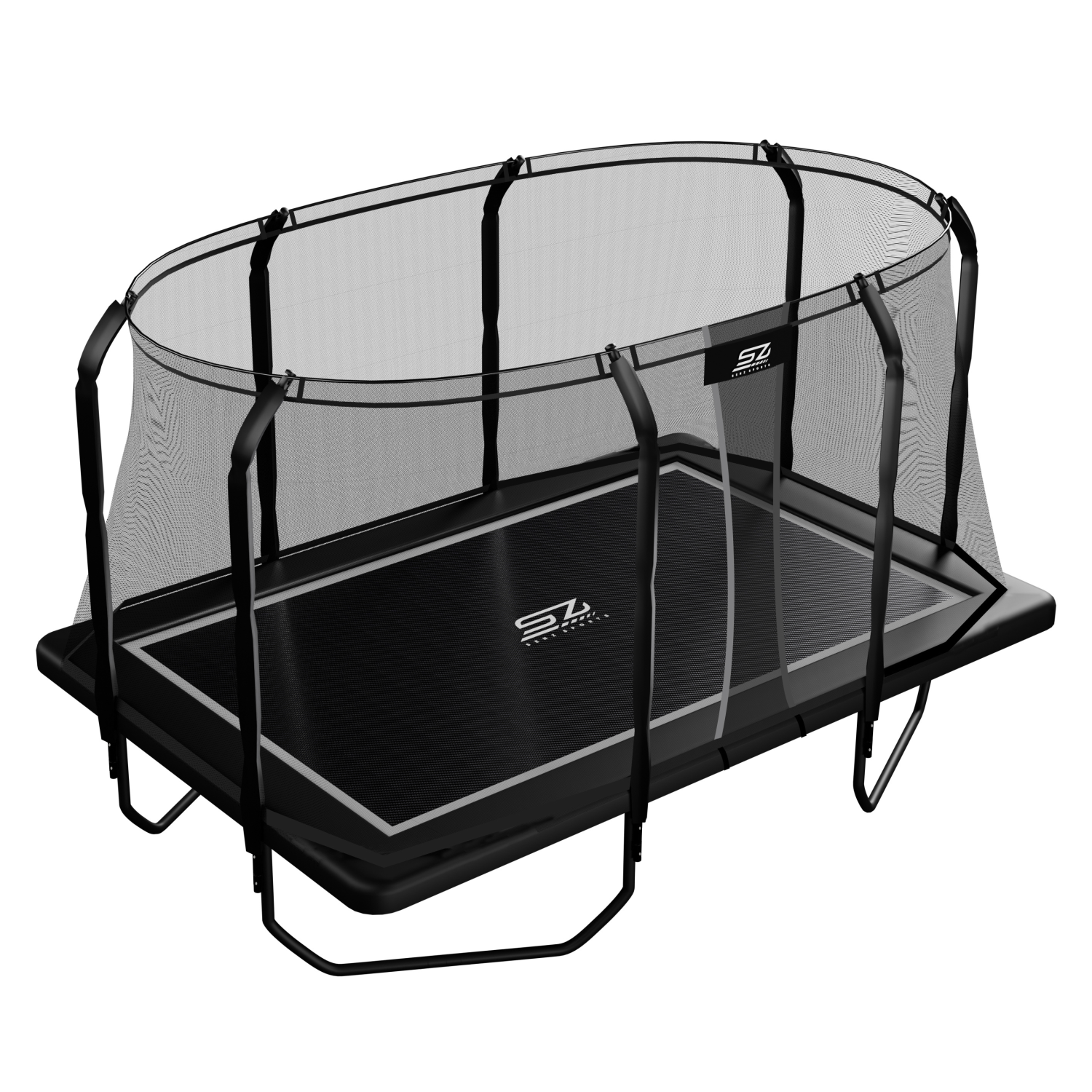 Zwarte rechthoekige trampoline met veiligheidsnet en zilveren accenten.