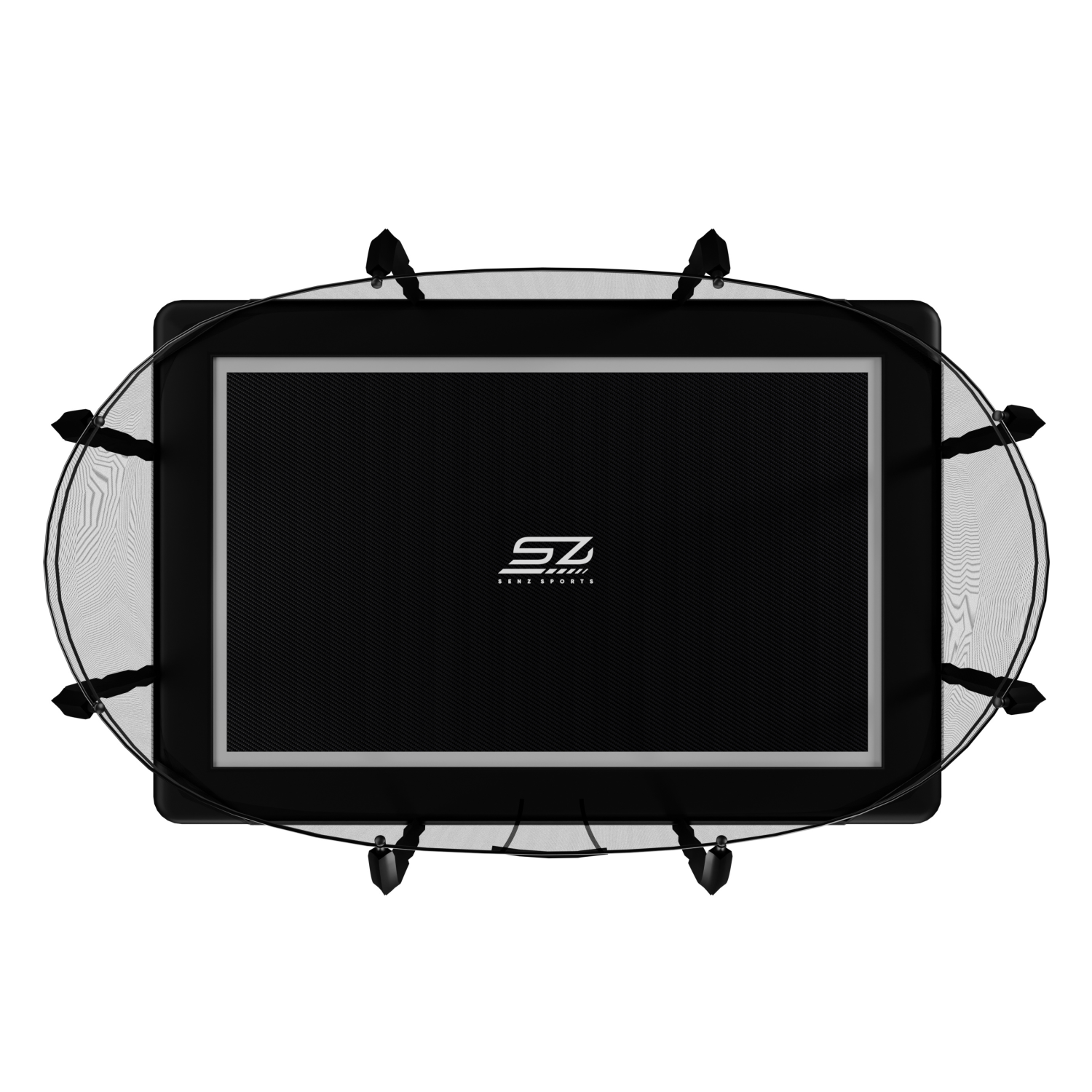 Zwarte rechthoekige trampoline met veiligheidsnet en zilveren frame.